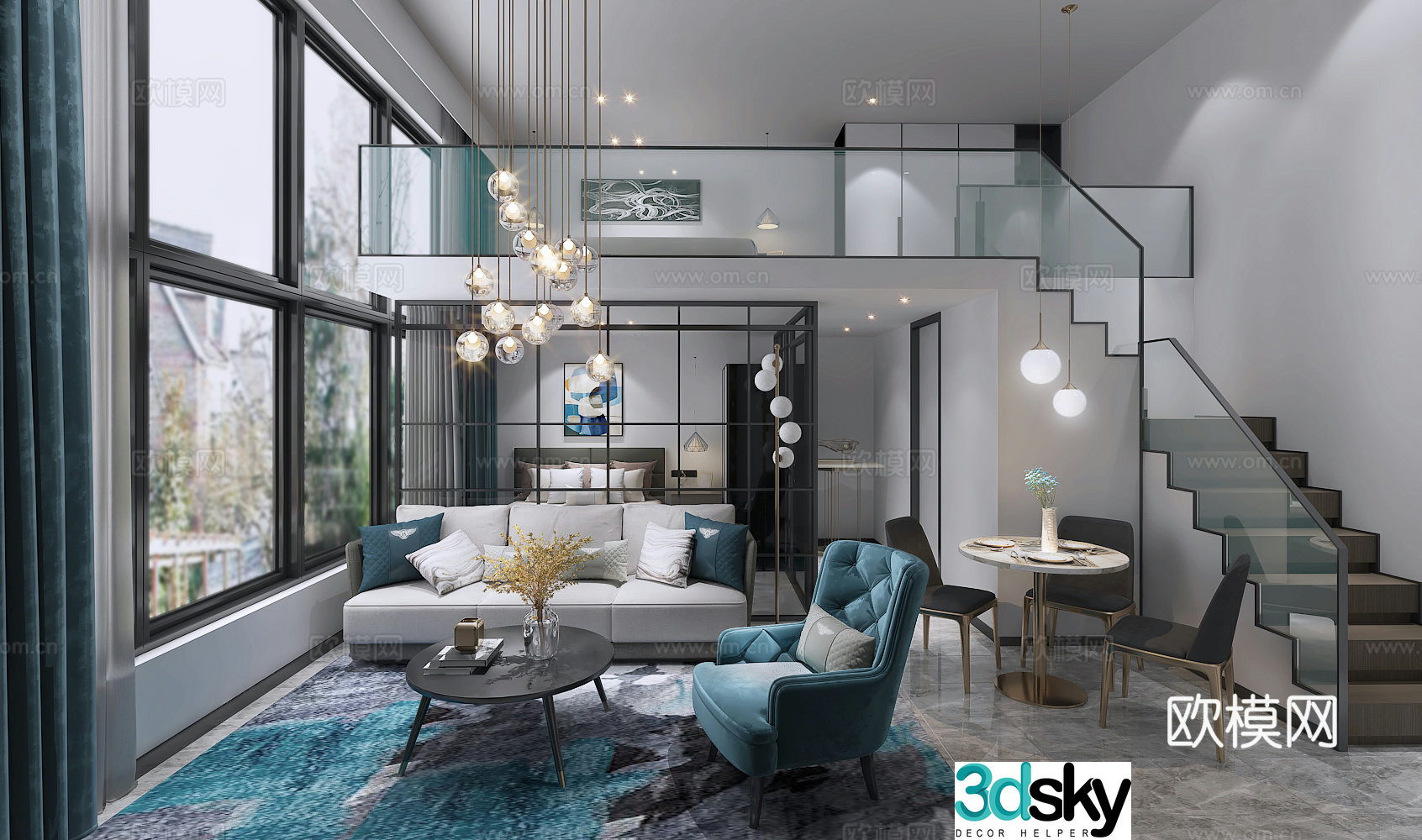 Modern duplex living room sofa coffee table painting chandeliers objects ornaments 3D model