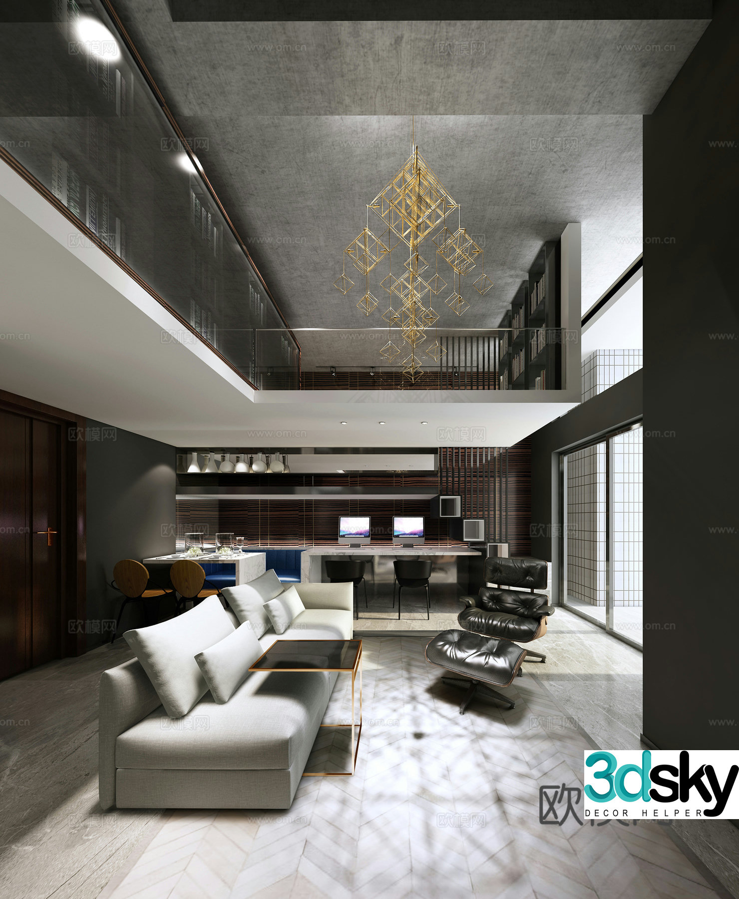 Modern home decoration living room loft living room sofa coffee table chandelier 3d model