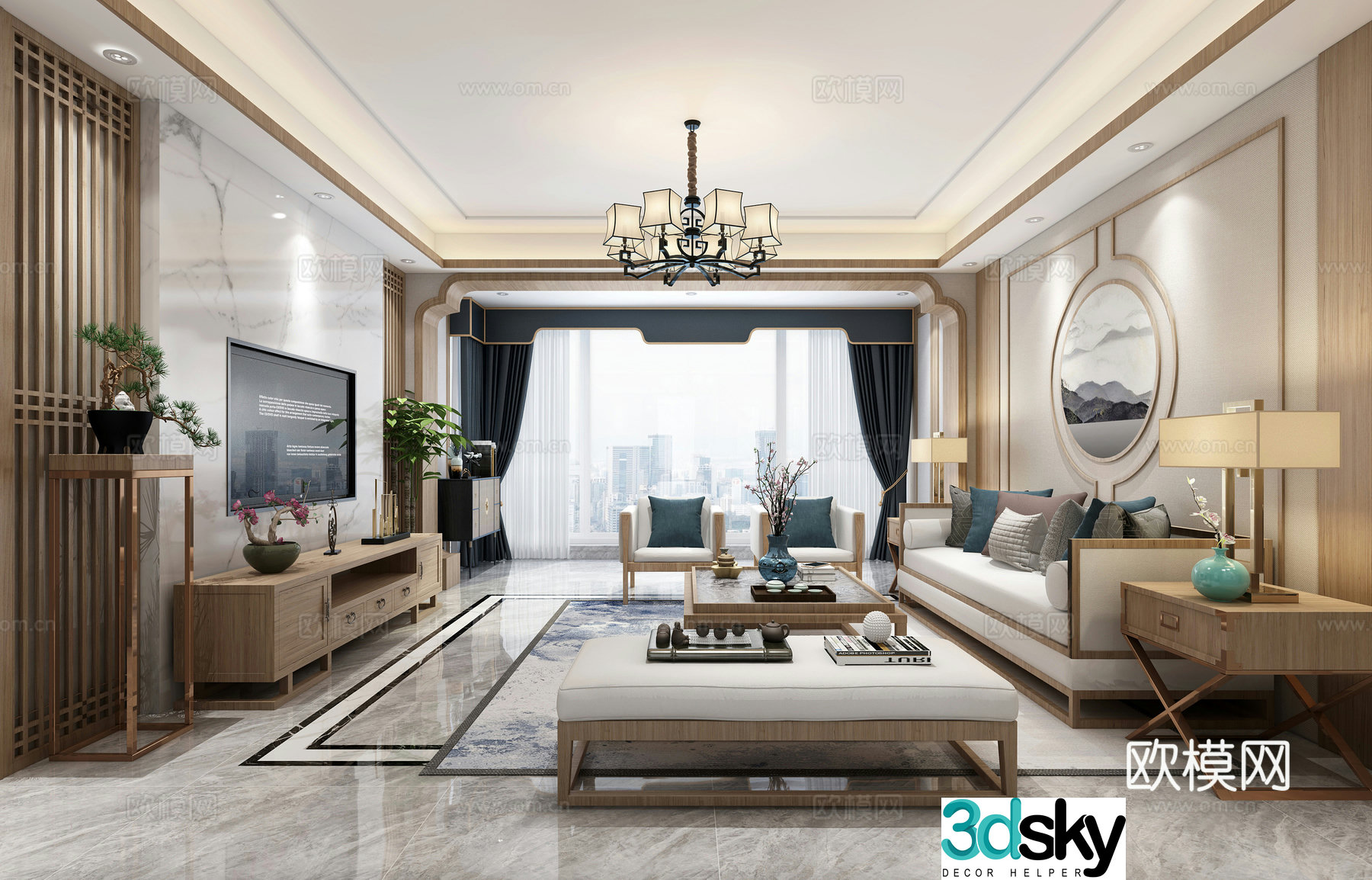 New Chinese style home decoration living and dining room 3D model