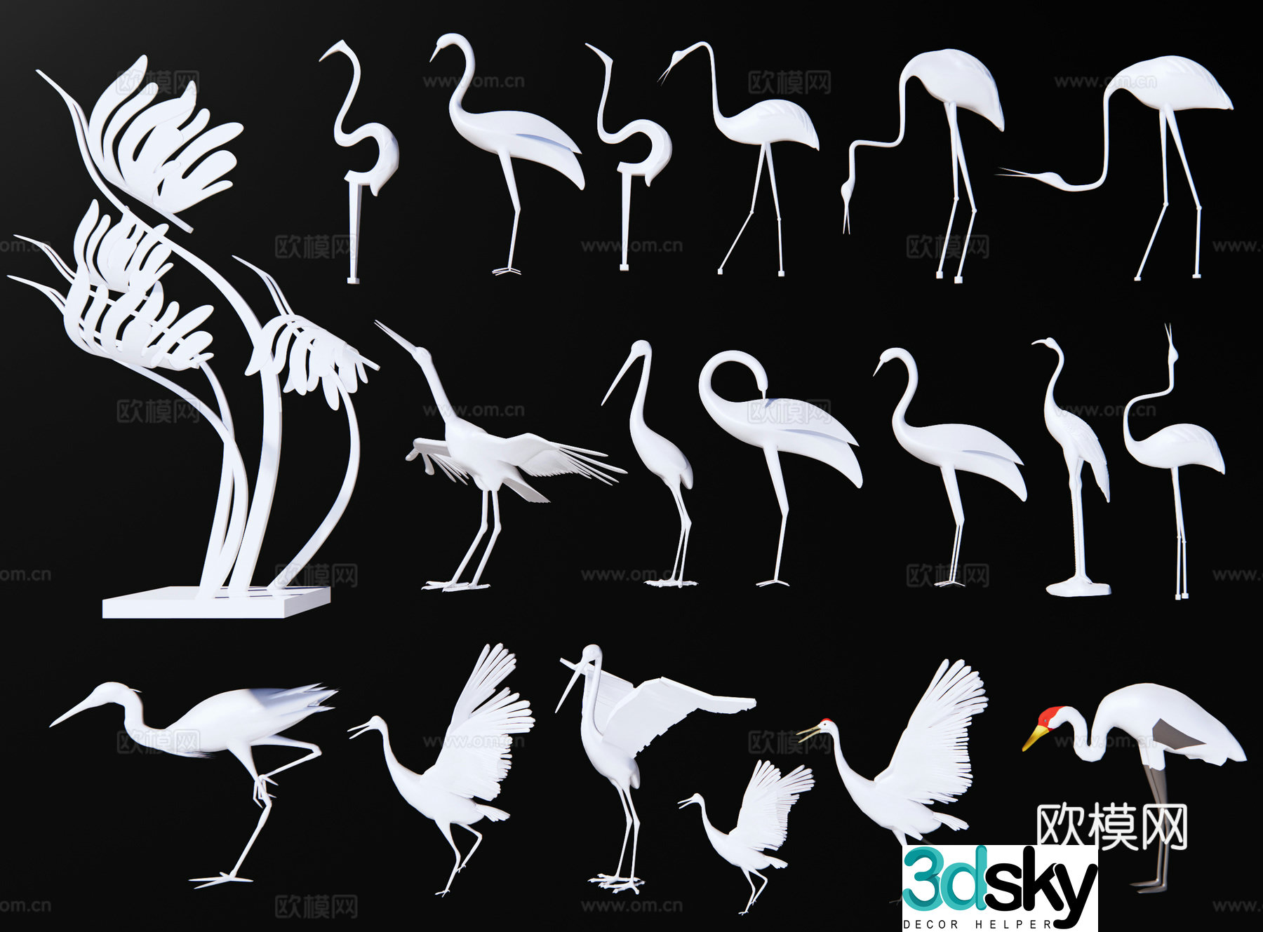 Modern Crane White Crane Swan Egret Red-crowned Crane Big Bird Animal Sculpture Sketch Art Sculpture 3D Model