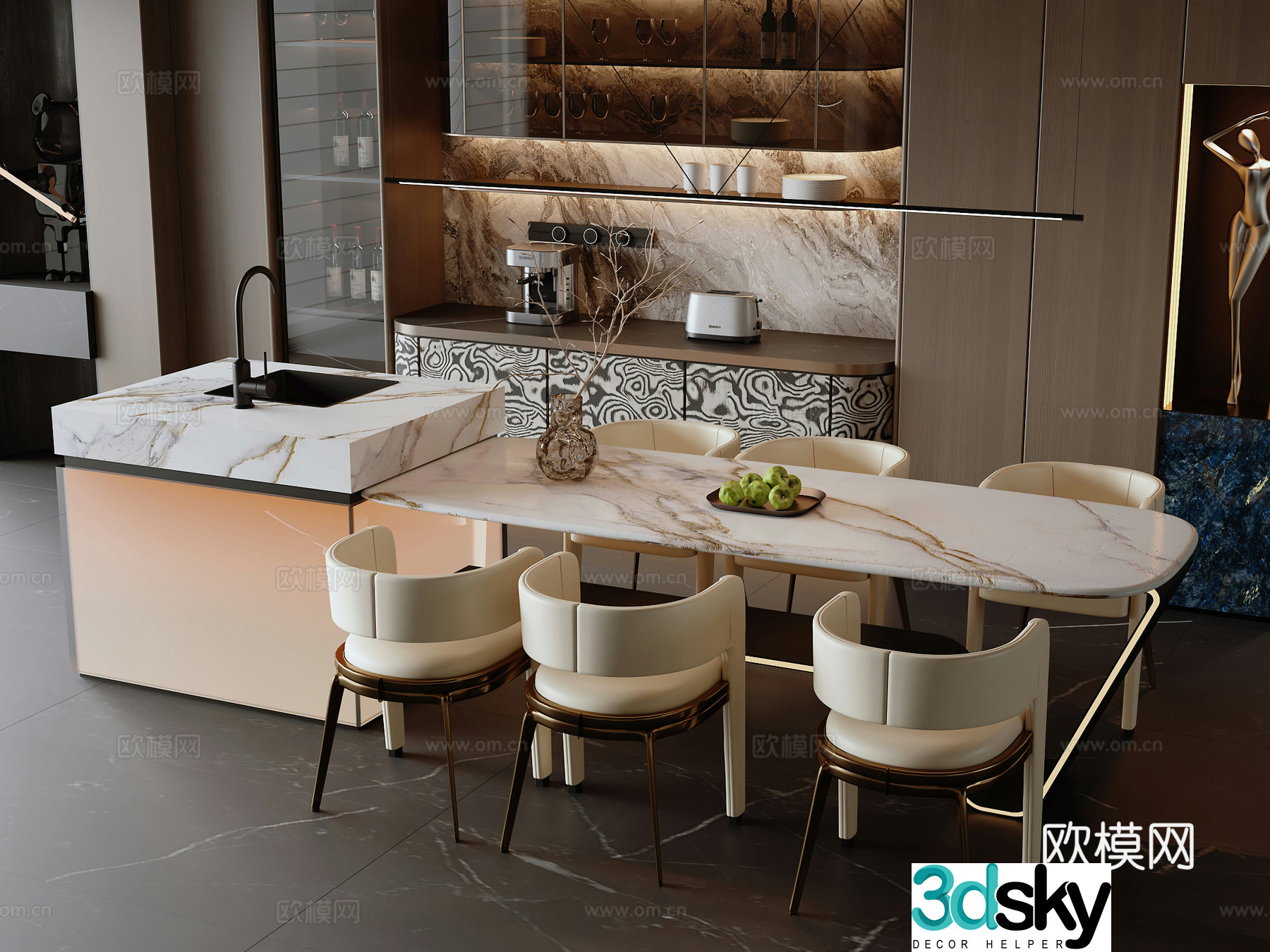 Modern light luxury mid-dao dining table and chair combination 3D model