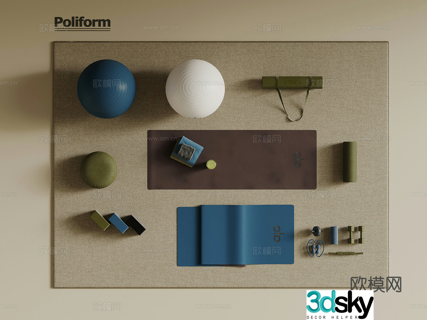 Modern yoga mat fitness equipment 3d model