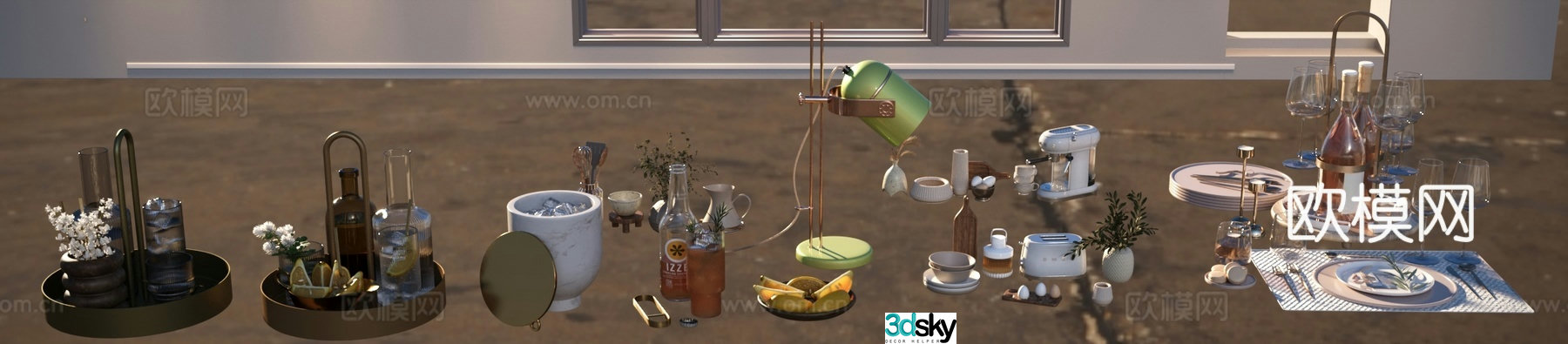 Table lamp wine bottle wine glass tableware combination 3D model