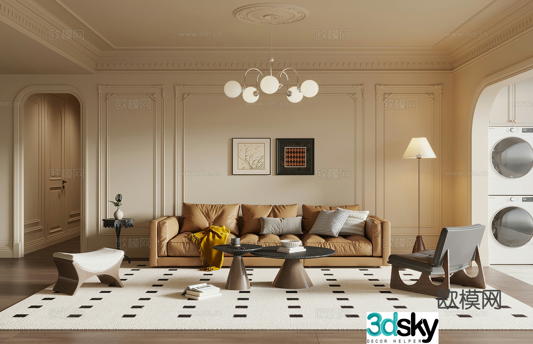 French retro style living room sofa coffee table combination 3D model