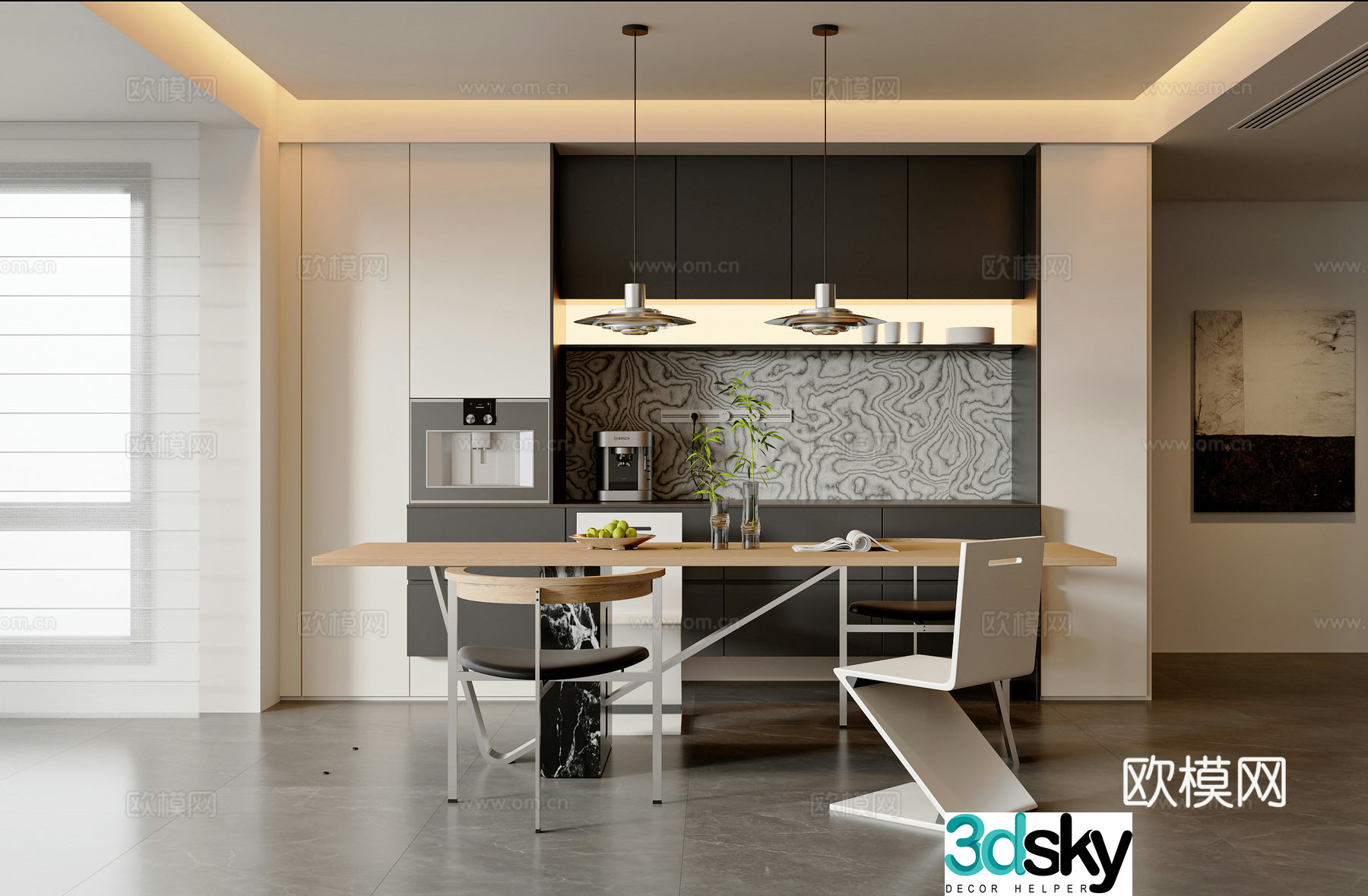 Modern Italian restaurant Dining table and chair combination Sideboard chandeliers Restaurant ornaments Dining chair Long table 3D model