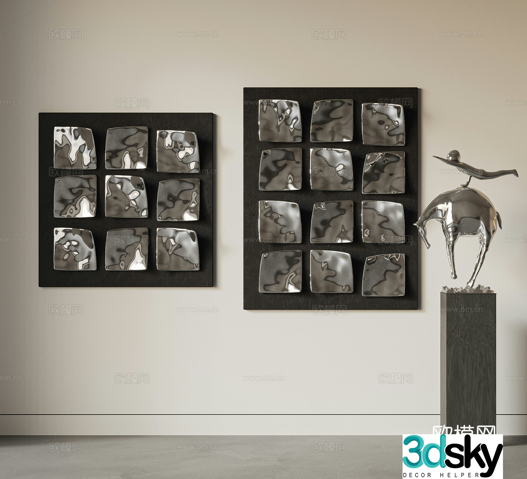 Modern hanging painting combination installation decorative painting water corrugated stainless steel metal wall decoration three-dimensional painting 3d model