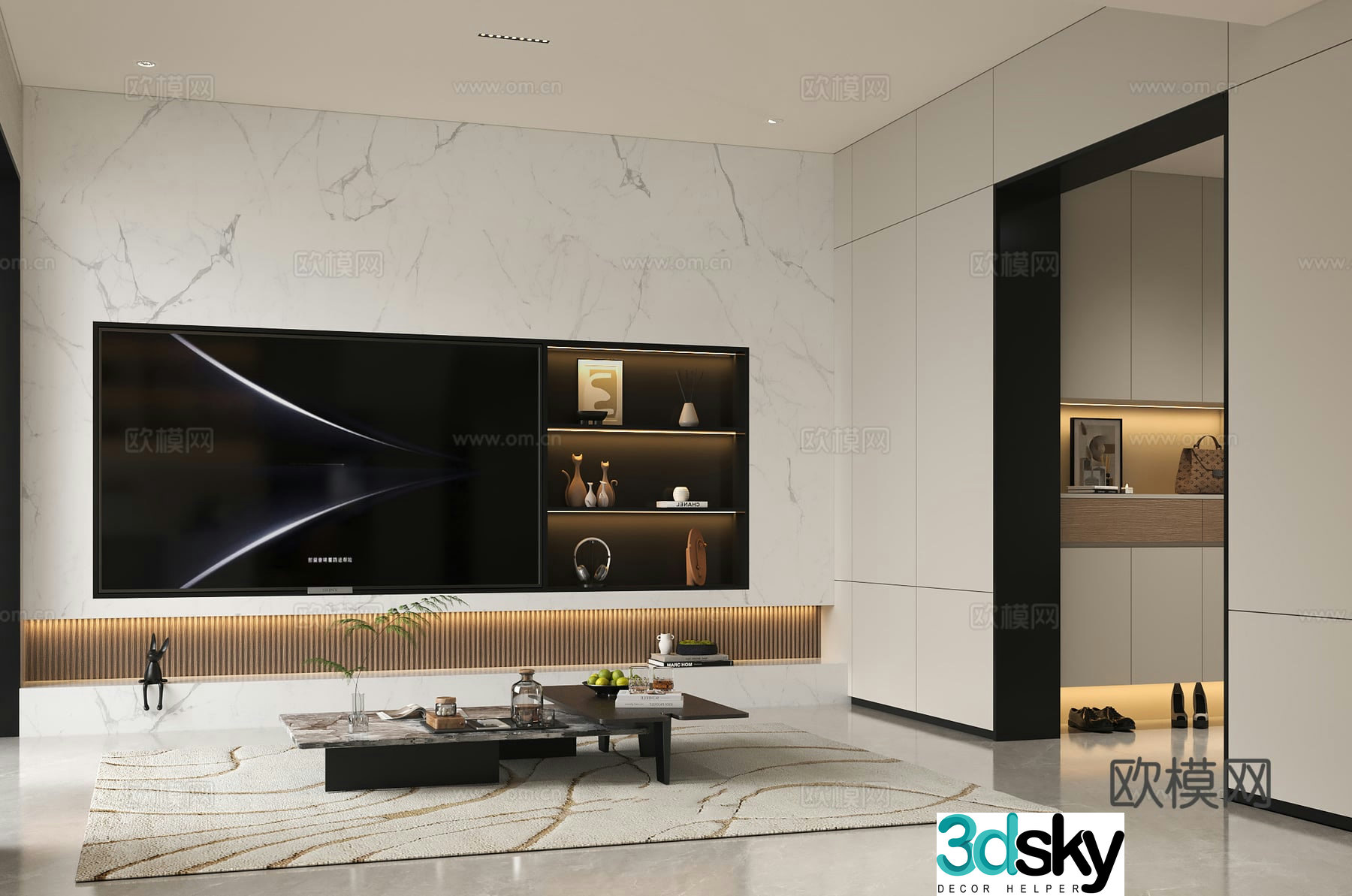 Modern suspended TV wall Stone floor TV wall Modern Italian coffee table ornament Modern cream floor 3D model
