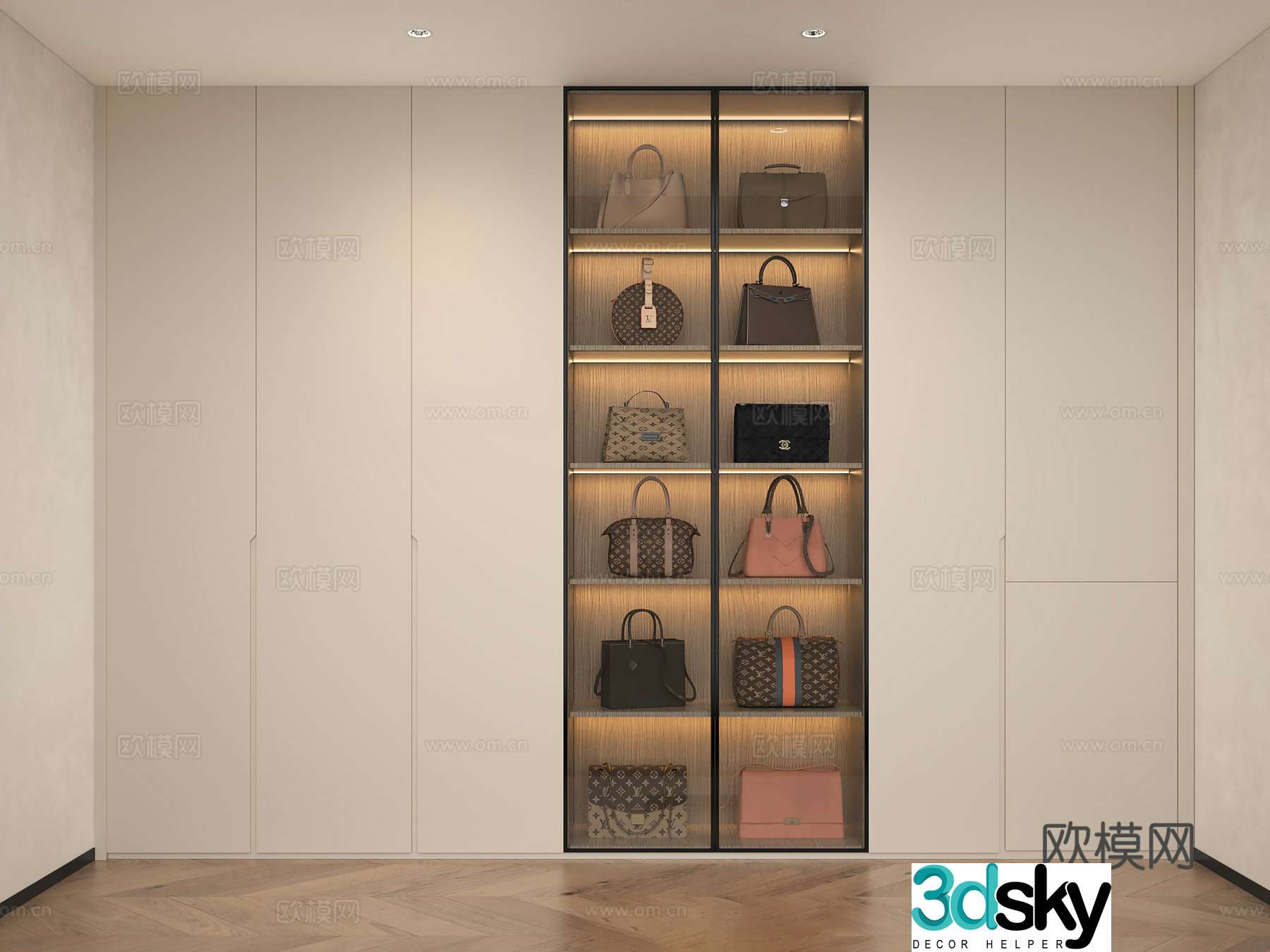 Modern minimalist wardrobe Modern dark handle wardrobe Modern flat wardrobe Glass wardrobe Bag Showcase 3D model