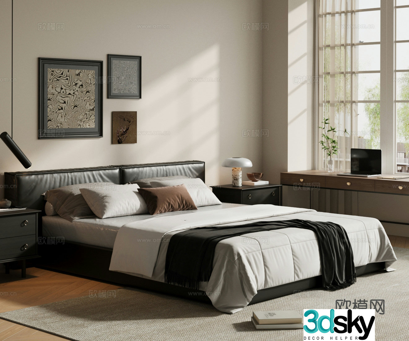 Middle-aged double bed Black leather bed Leather bed Black bed Middle-aged master bedroom Bed 3d model 3d model