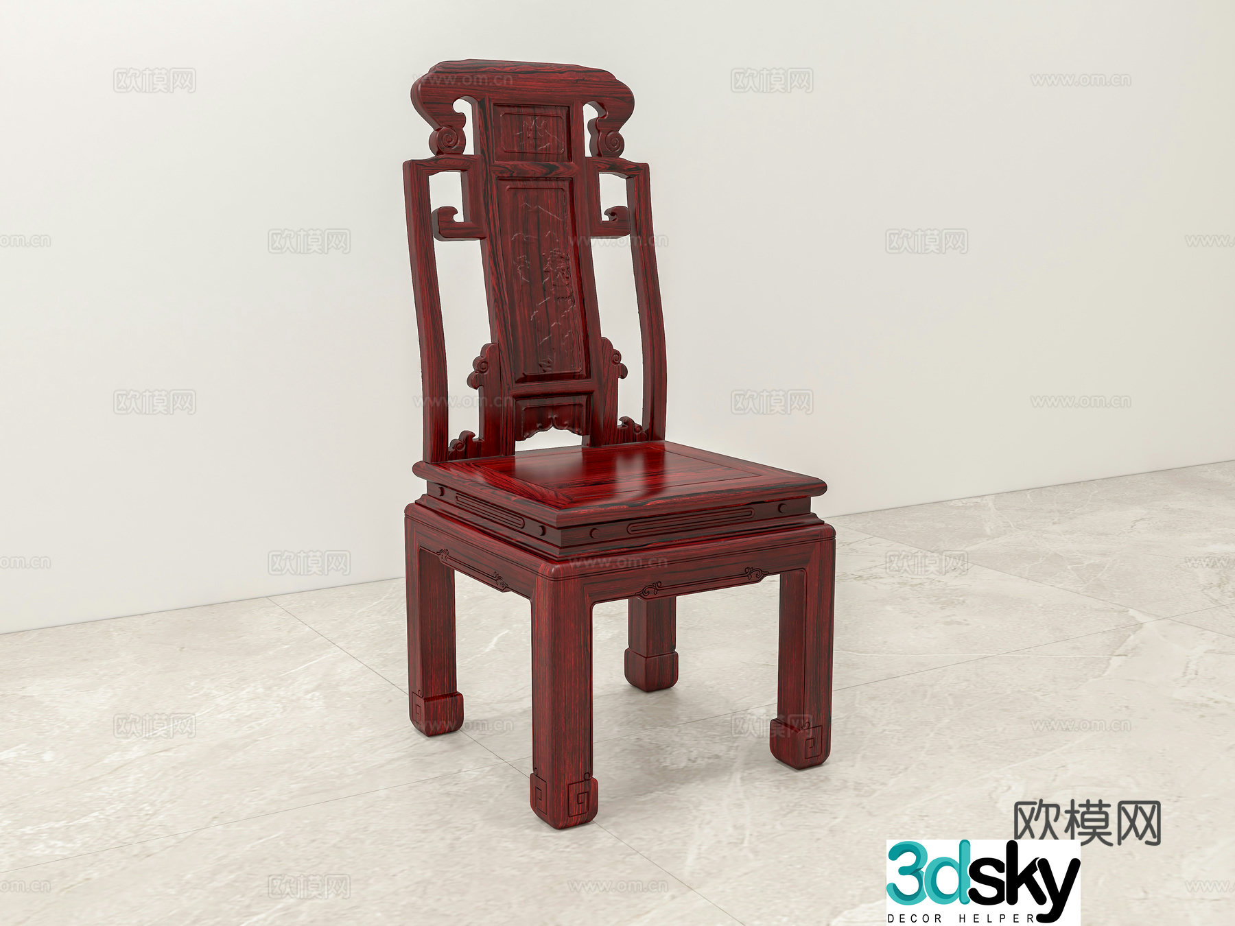 Chinese dining chair carved chair back solid wood mahogany 3D model