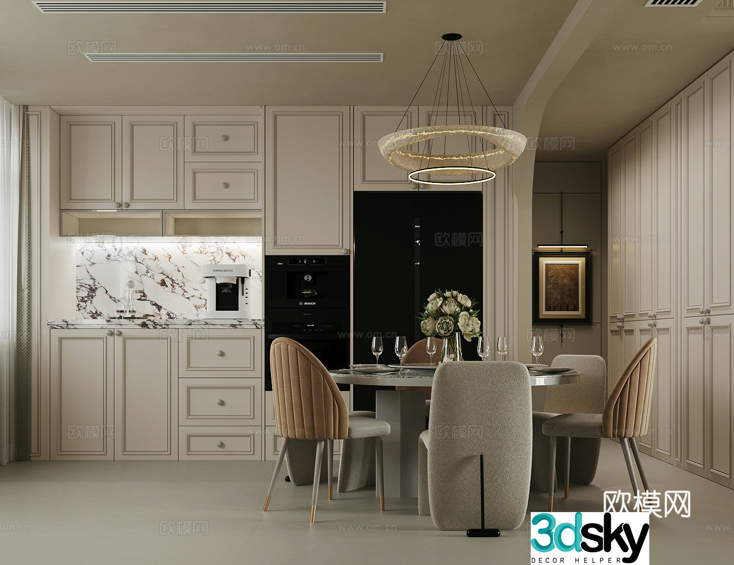 French retro home restaurant French round table restaurant French dining table chairs Dining table flower arrangement 3d model