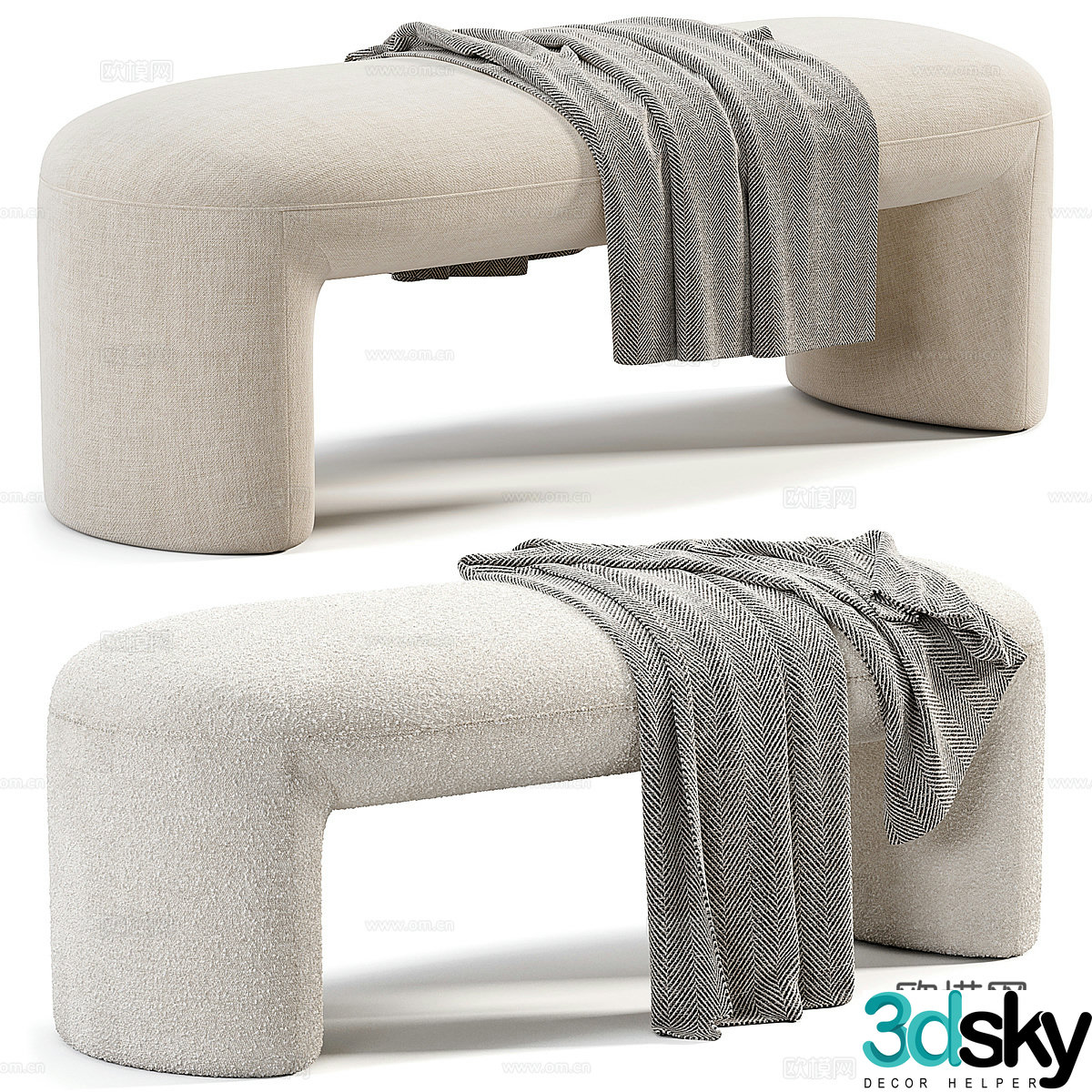 Modern Italian cream style fabric bench tail stool 3D model