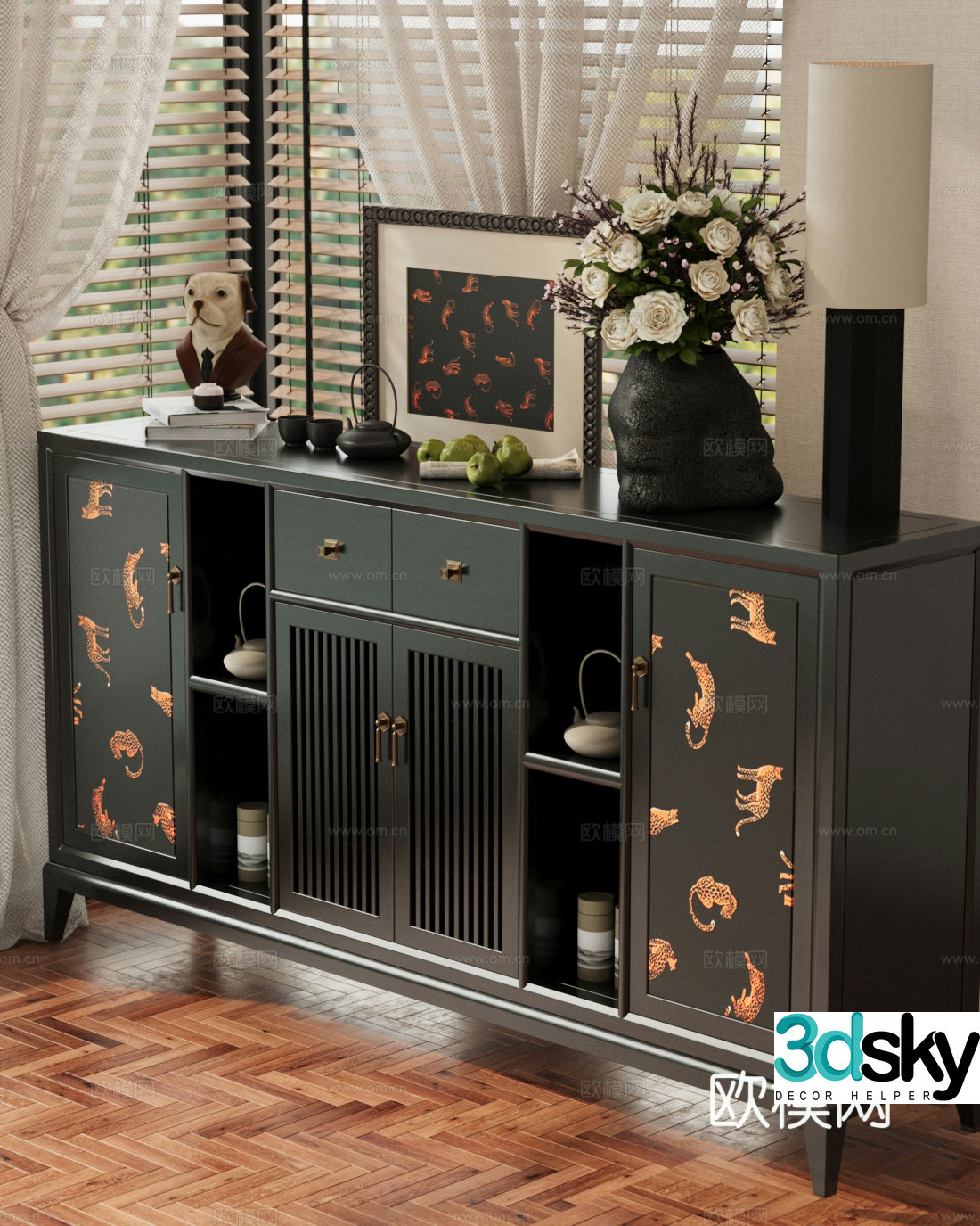 French style medieval chest of drawers retro style porch cabinet decorative cabinet side cabinet medieval dining side cabinet flower art 3D model