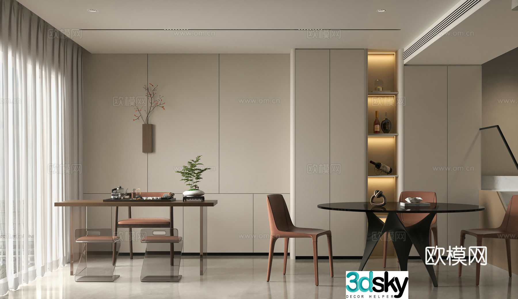 Modern minimalist restaurant tea table minimalist round dining table and chair red wine jewelry tea set ornaments small tea table leather 3D model