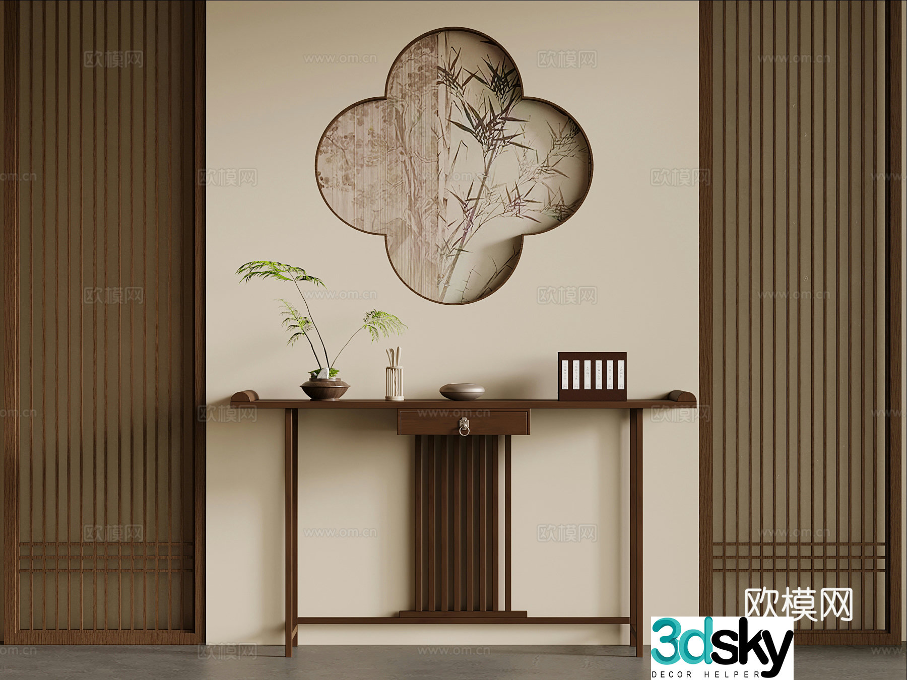 New Chinese style entrance cabinet end view cabinet background wall 3D model