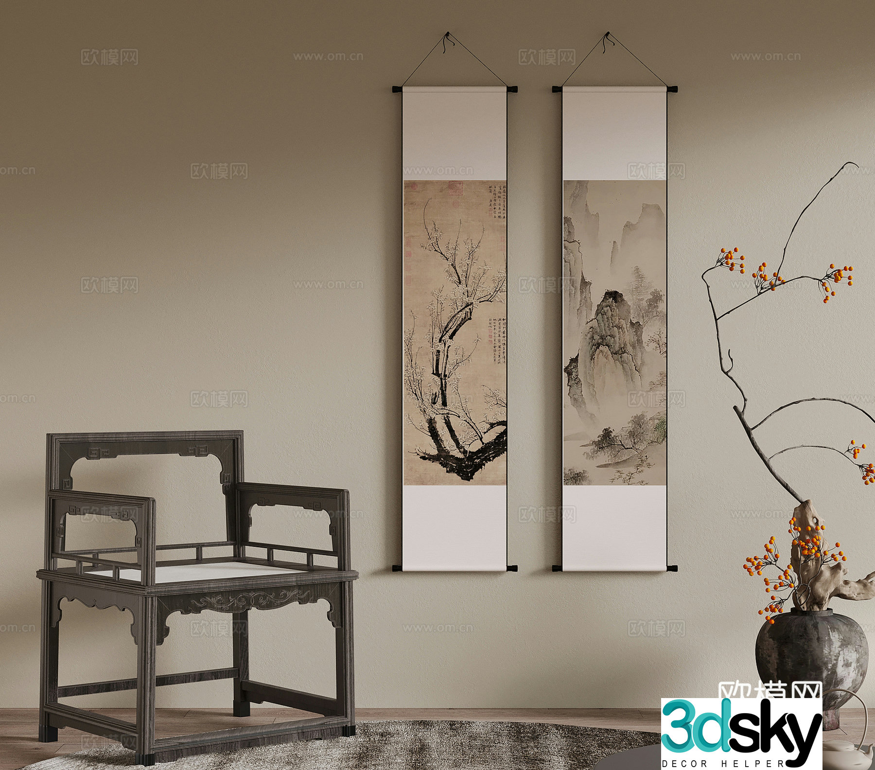 New Chinese style chairs tea chairs solid wood chairs decorative paintings 3D model
