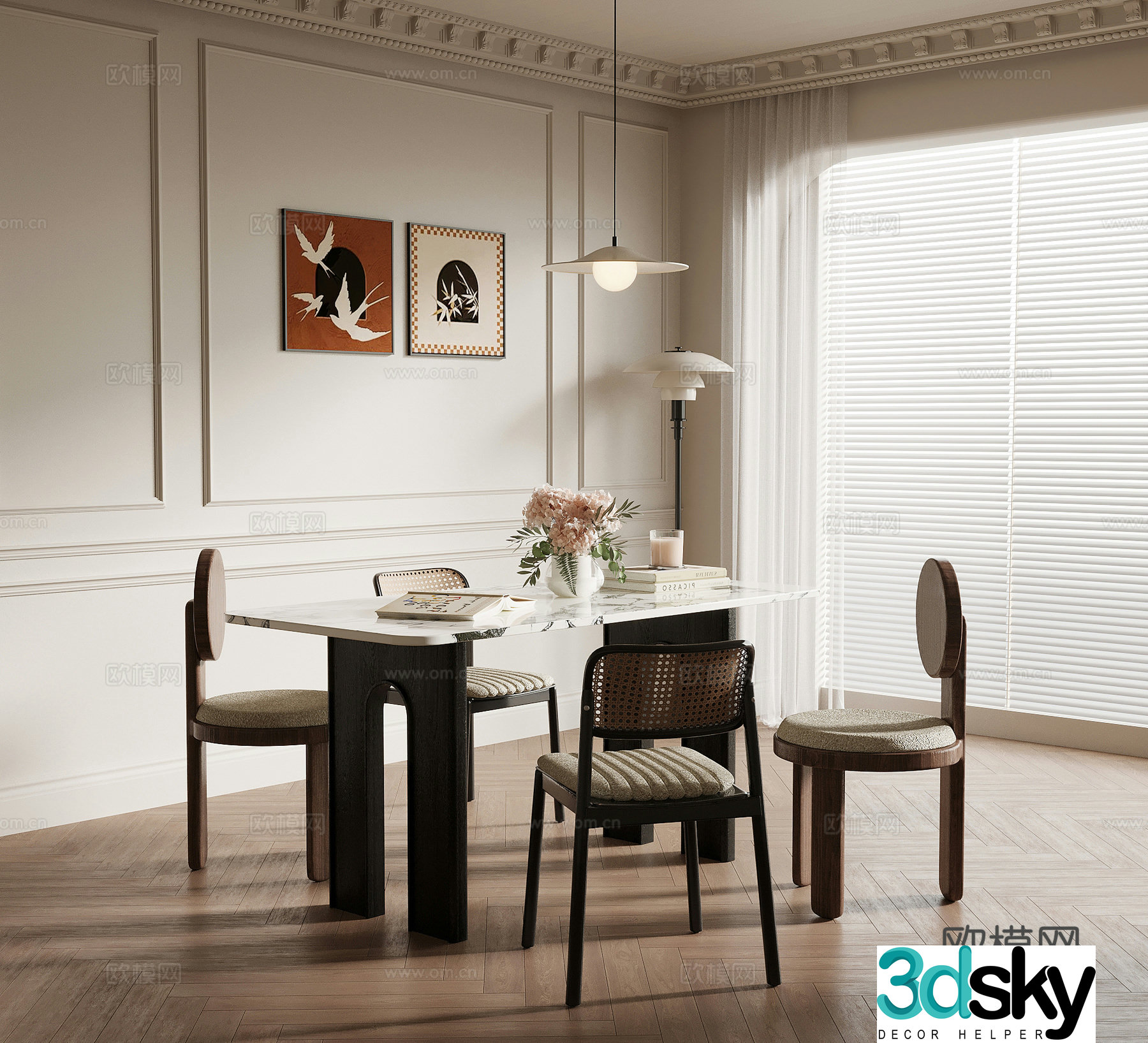 French cream style restaurant dining table and chair combination 3D model