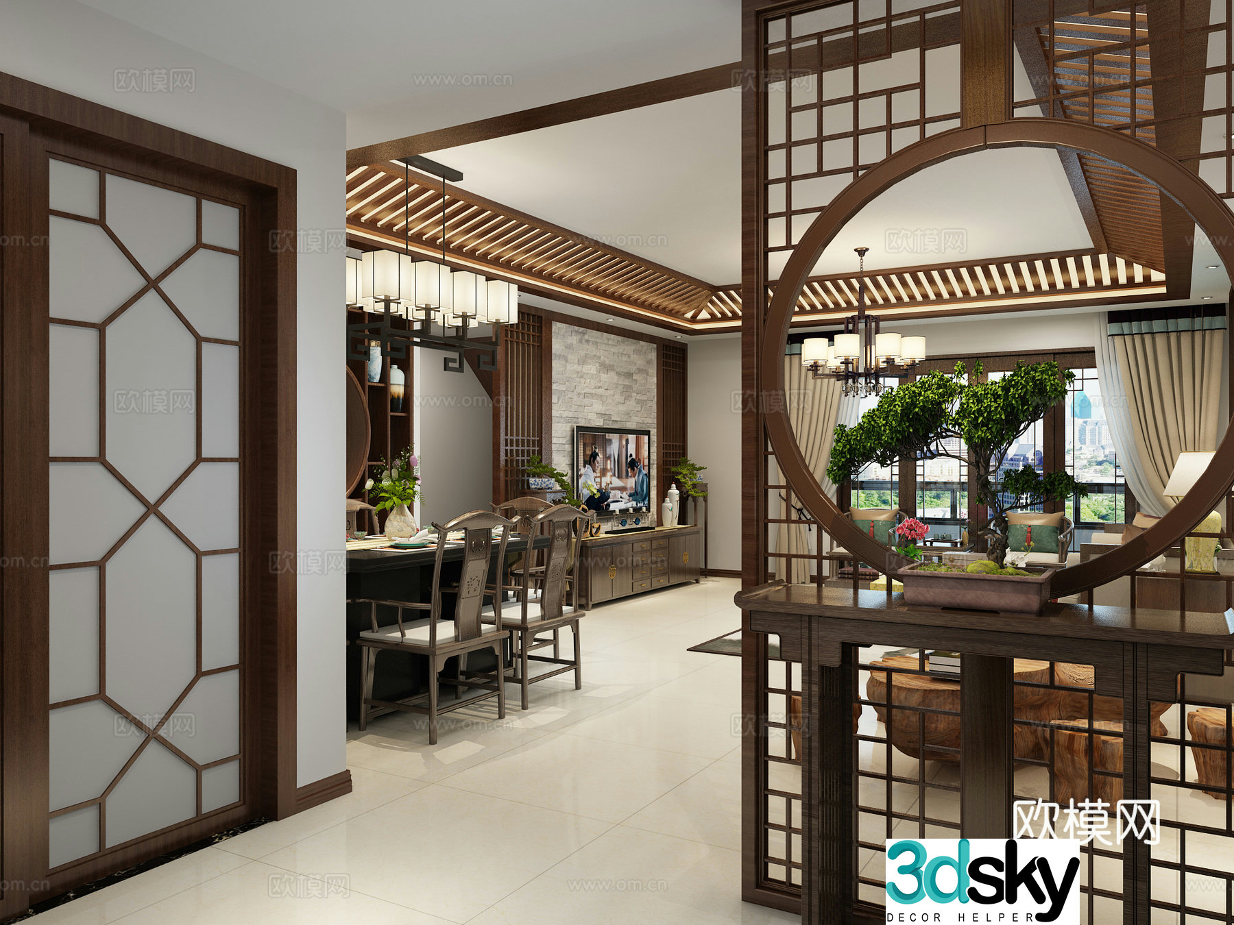 Chinese living and dining room entrance plant ornaments dining table and chairs 3D model