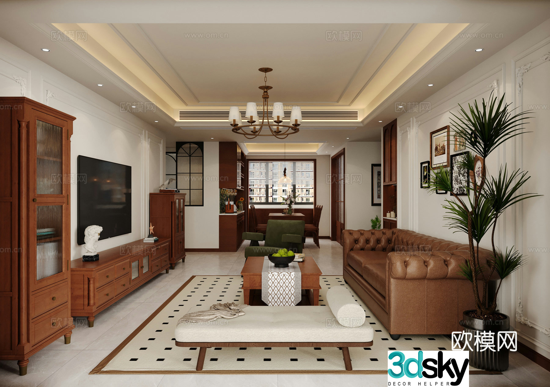 American retro living and dining room 3d model