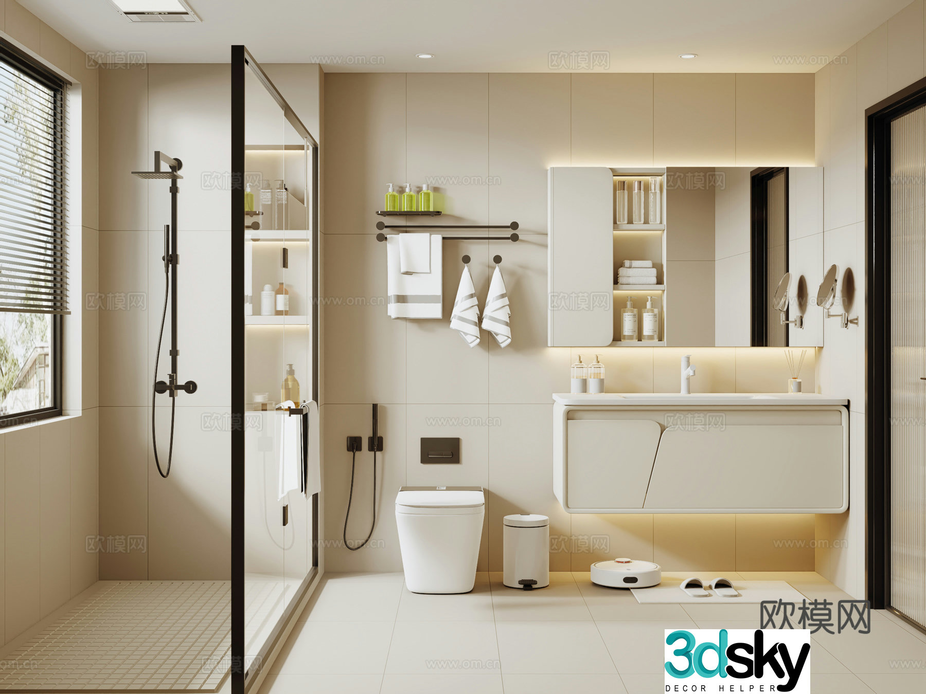 Modern cream bathroom wet and dry bathroom 3d model