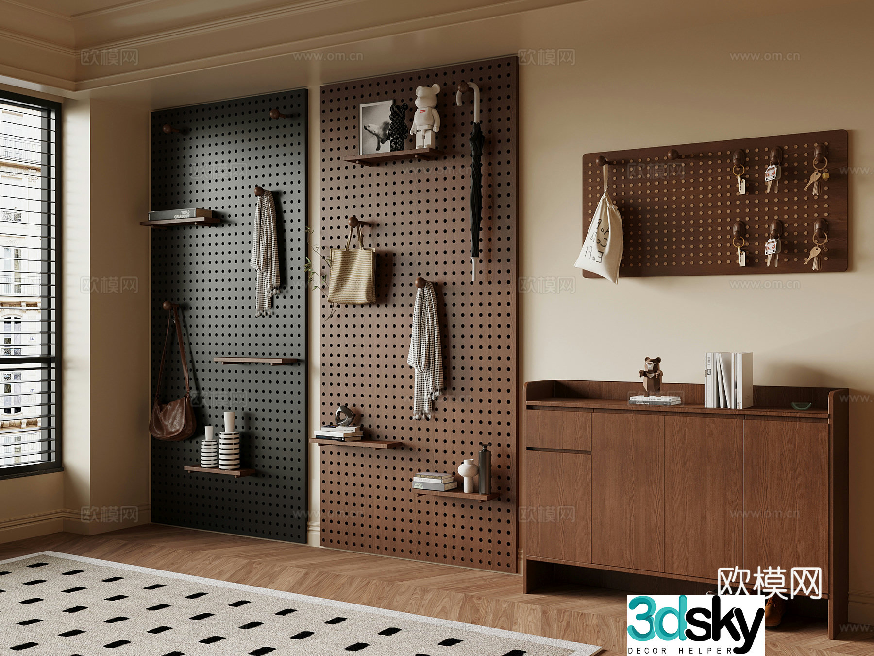 Middle-aged style cave board clothes hanging board shoe cabinet 3D model