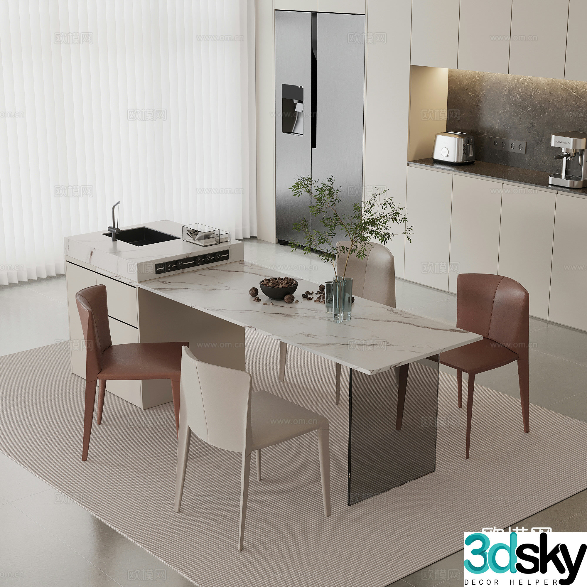 Modern island dining table and chair 3d model