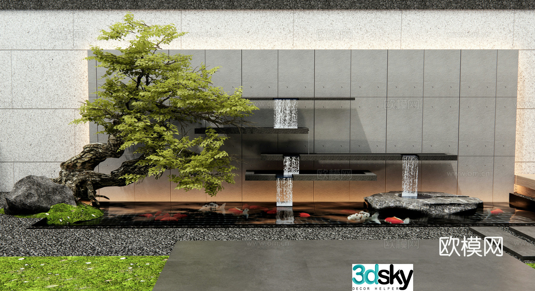 New Chinese style waterfall wall waterscape water bowl waterscape fish pond waterscape wall landscape tree stone 3d model