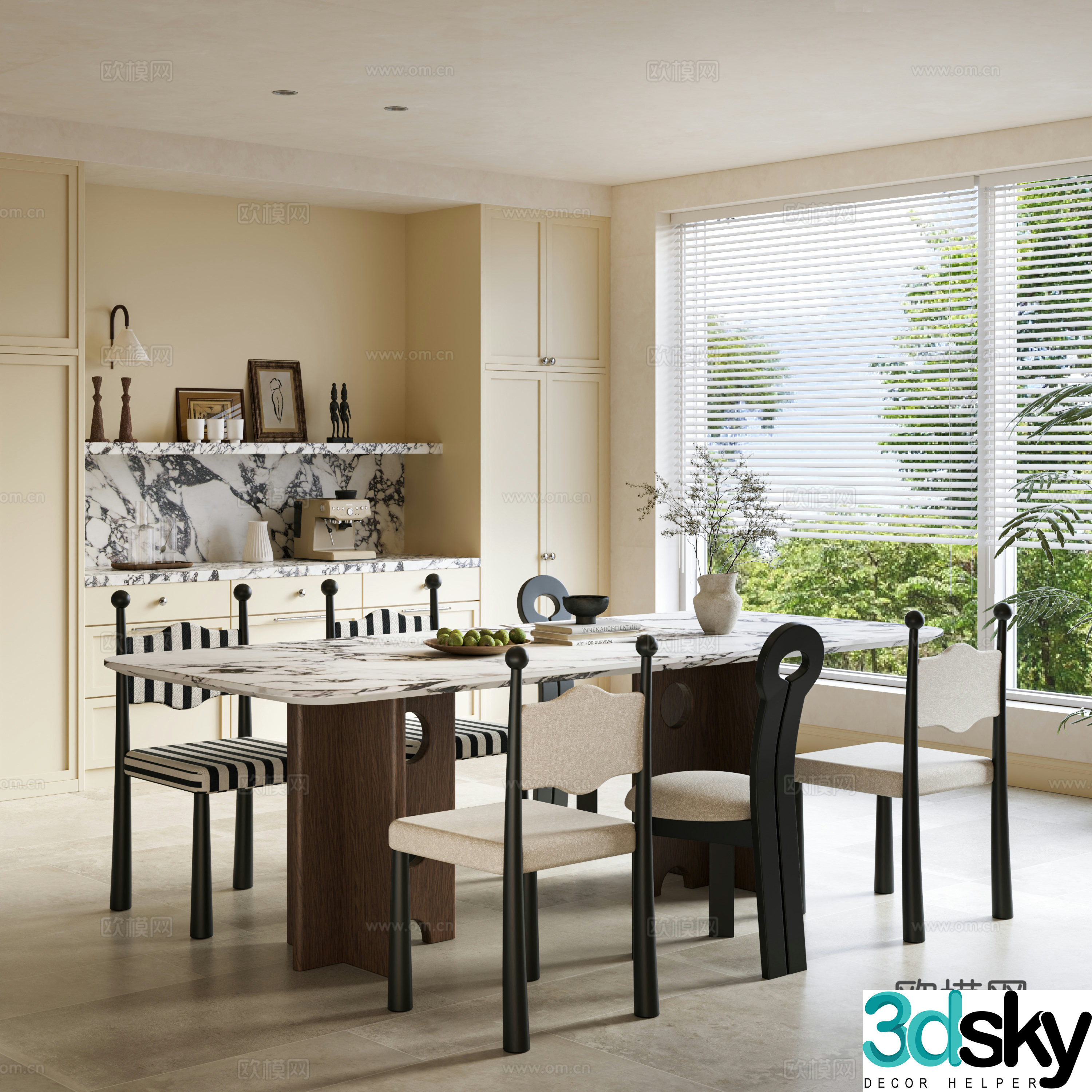 French medieval style dining table and chair combination solid wood dining table wooden dining chair long dining table medieval style restaurant 3D model