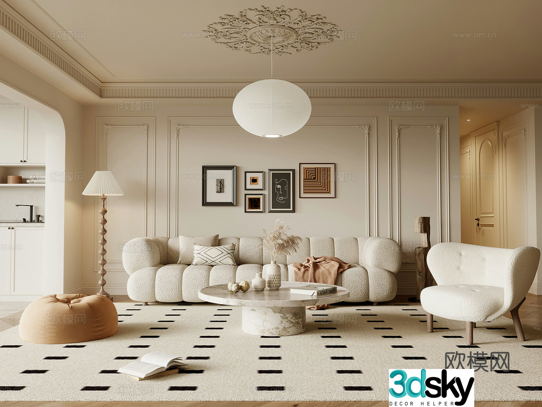Living room French creamy living room sofa coffee table combination 3D model