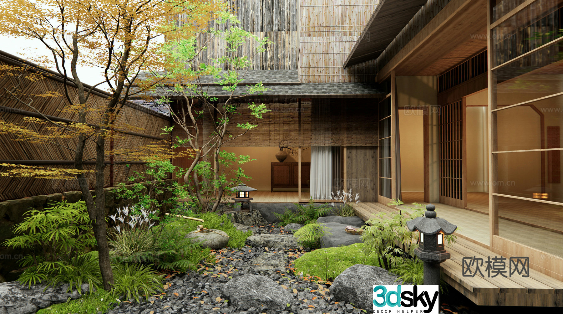 Japanese Zen courtyard landscape Tingbu Micro-terrain Landscape Stone Plant Combination Landscape Tree 3D Model