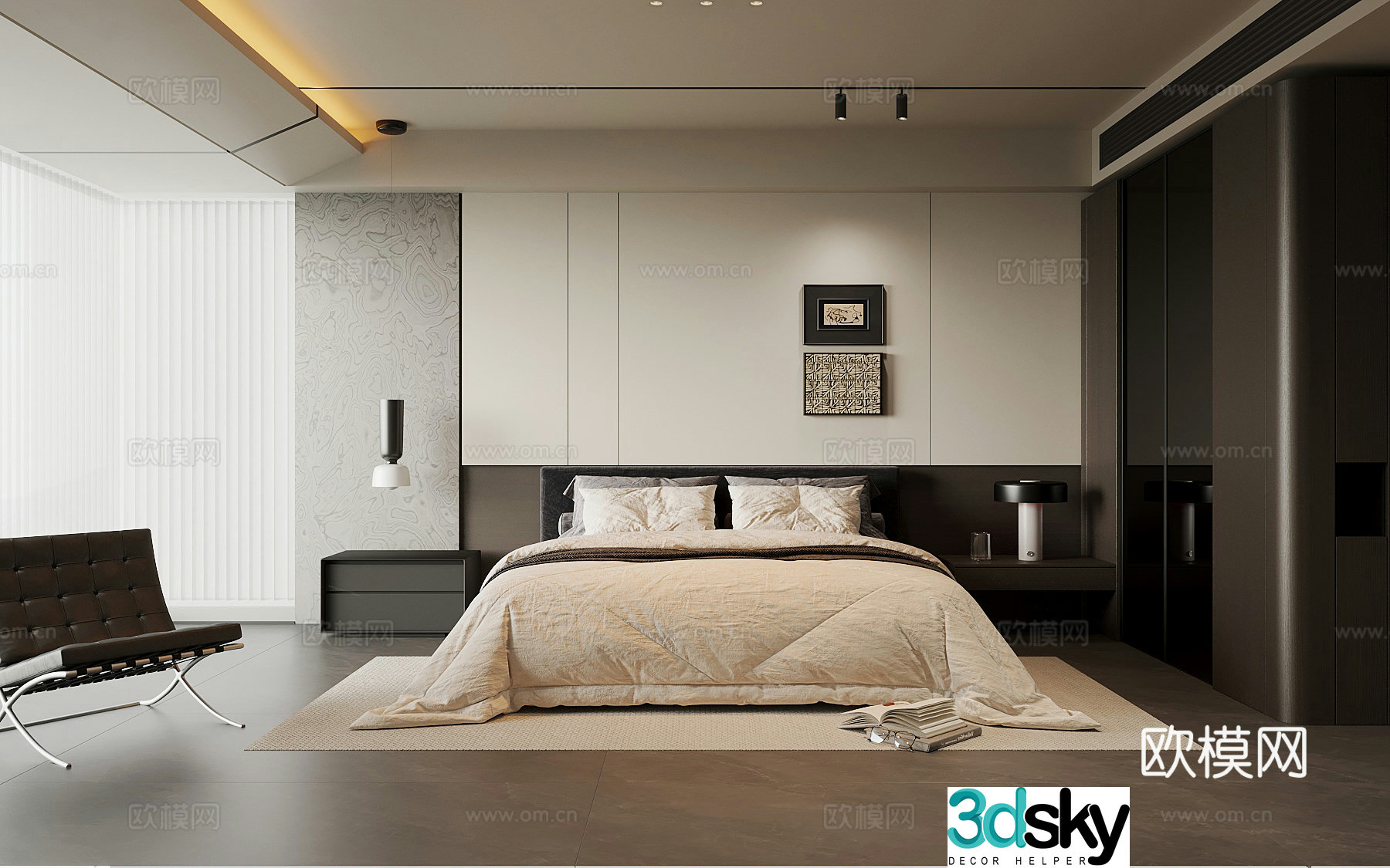 Modern Italian bedroom Double bed Wardrobe 3d model