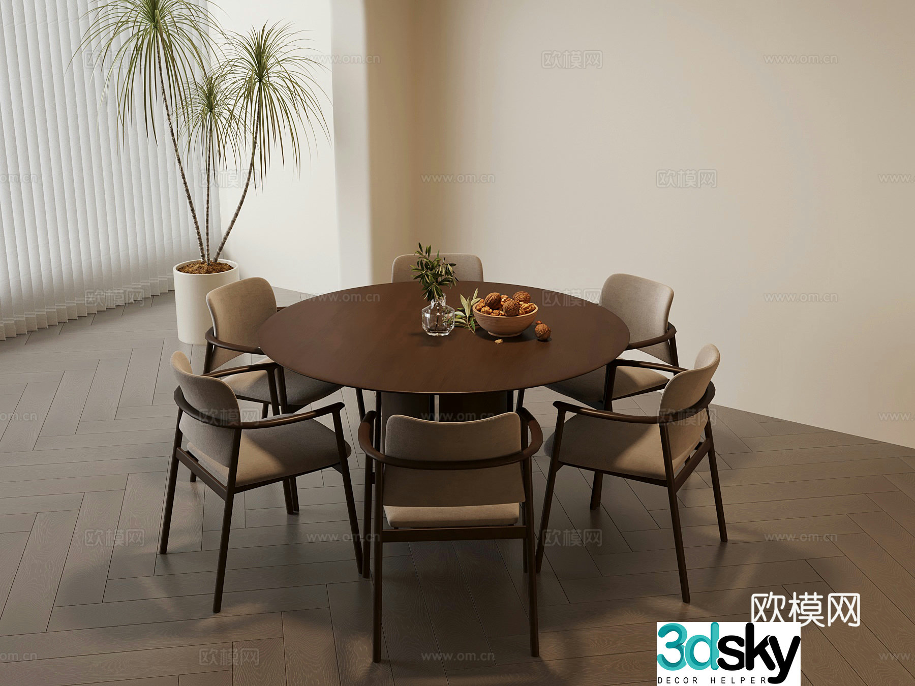 Medium style dining table and chairs Round dining table 3D model