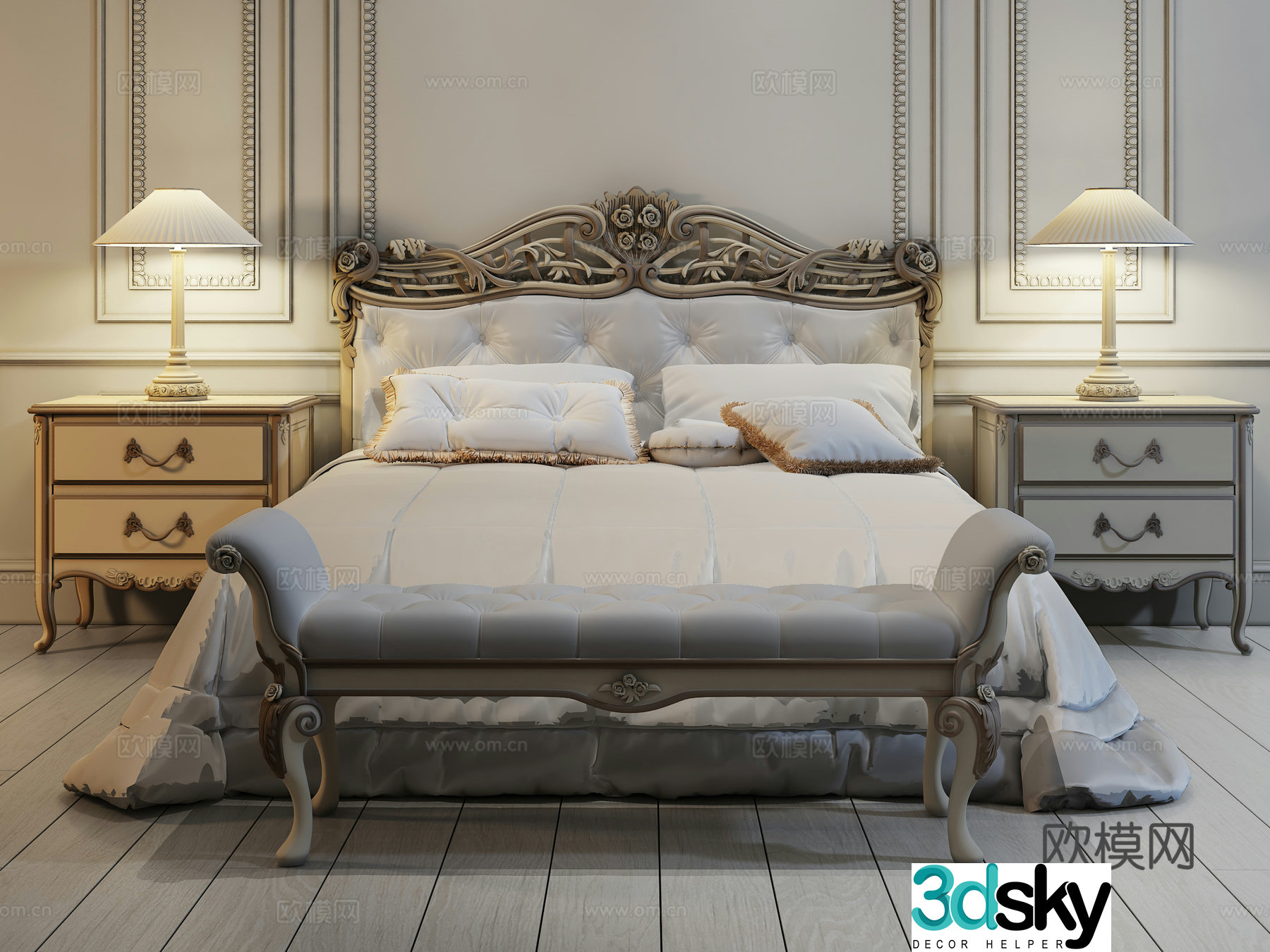 European style fabric double bed bedside counter lamp combination bed end stool 3D model