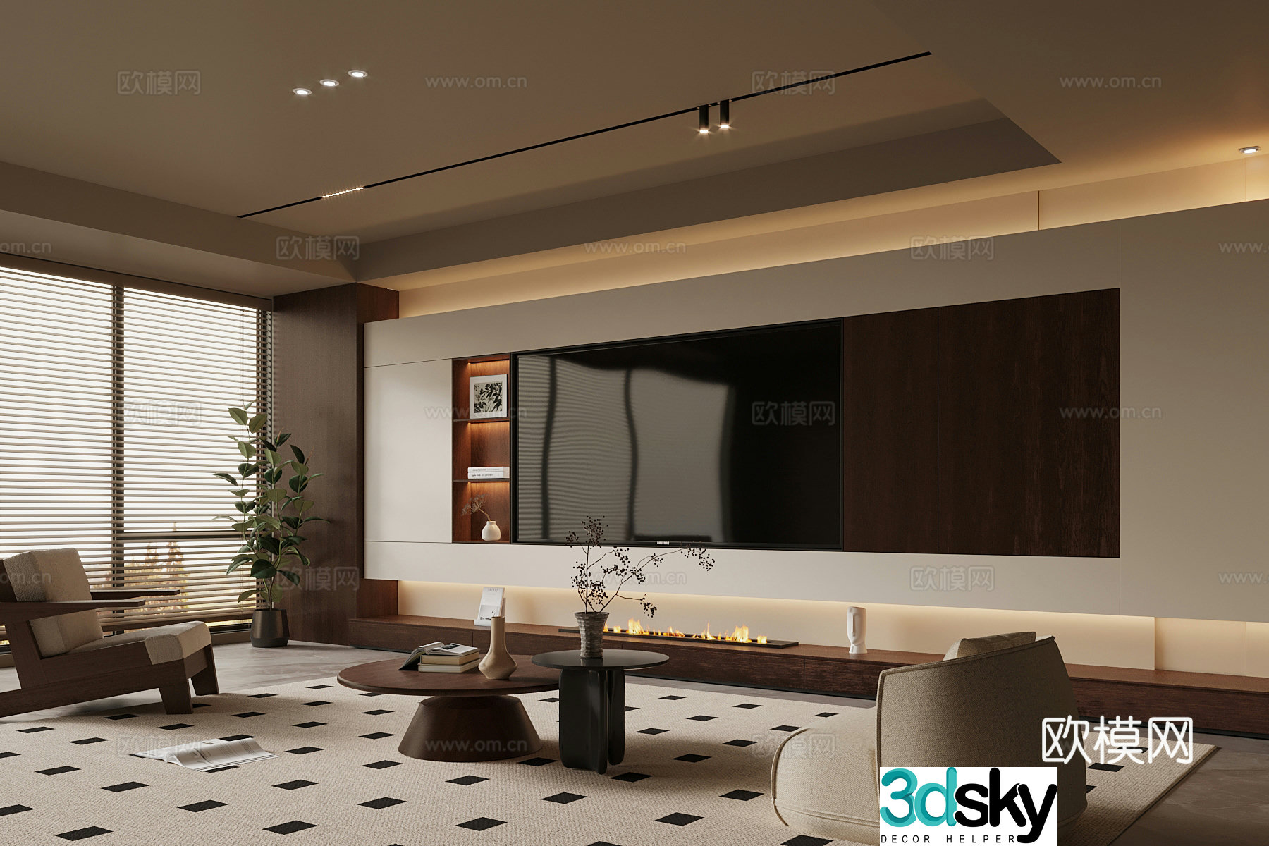 Middle style living room TV background wall sofa coffee table combination 3D model