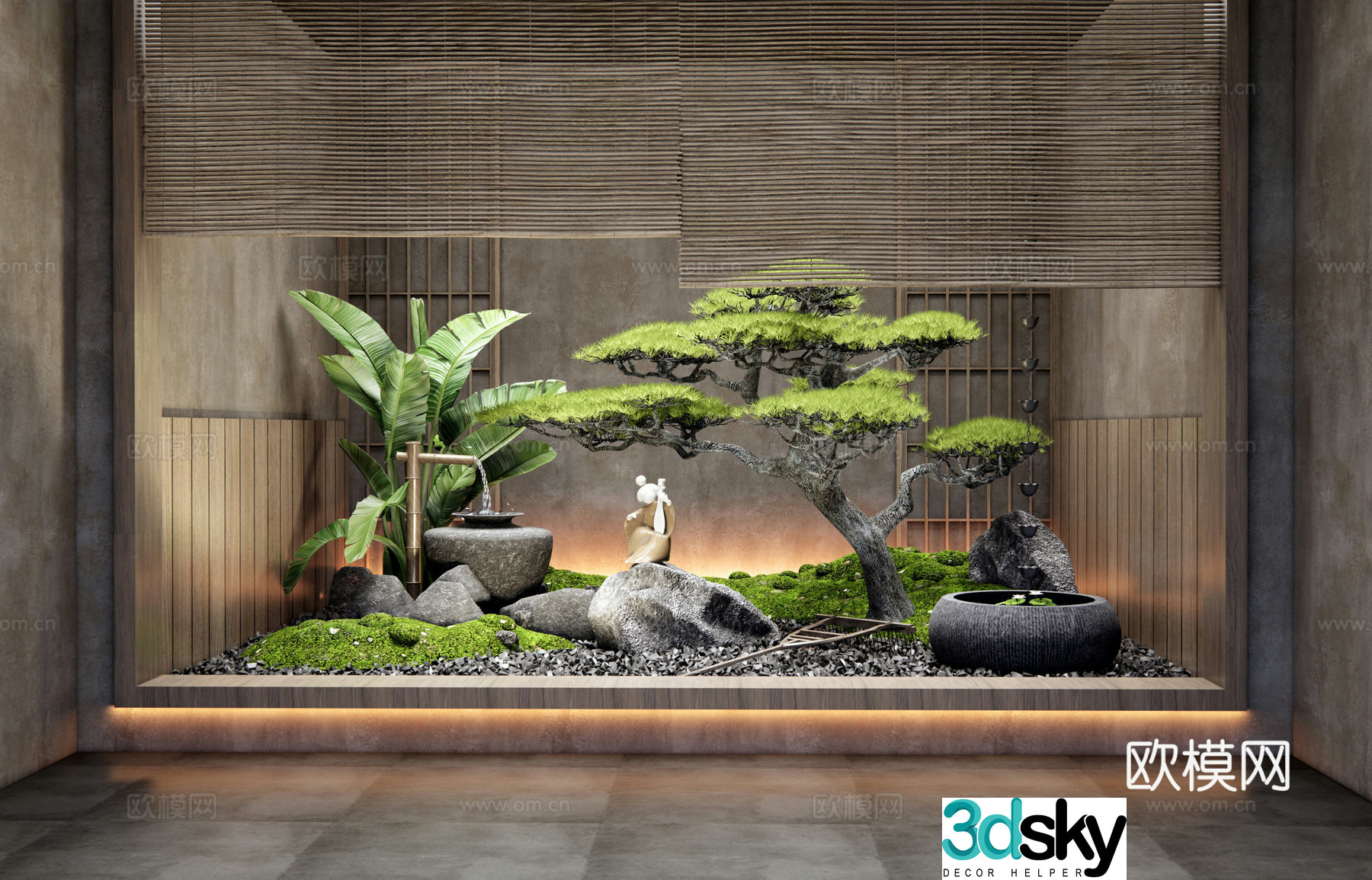 Japanese interior landscape water bowl water view moss landscape pine plant landscaping garden sketch 3d model