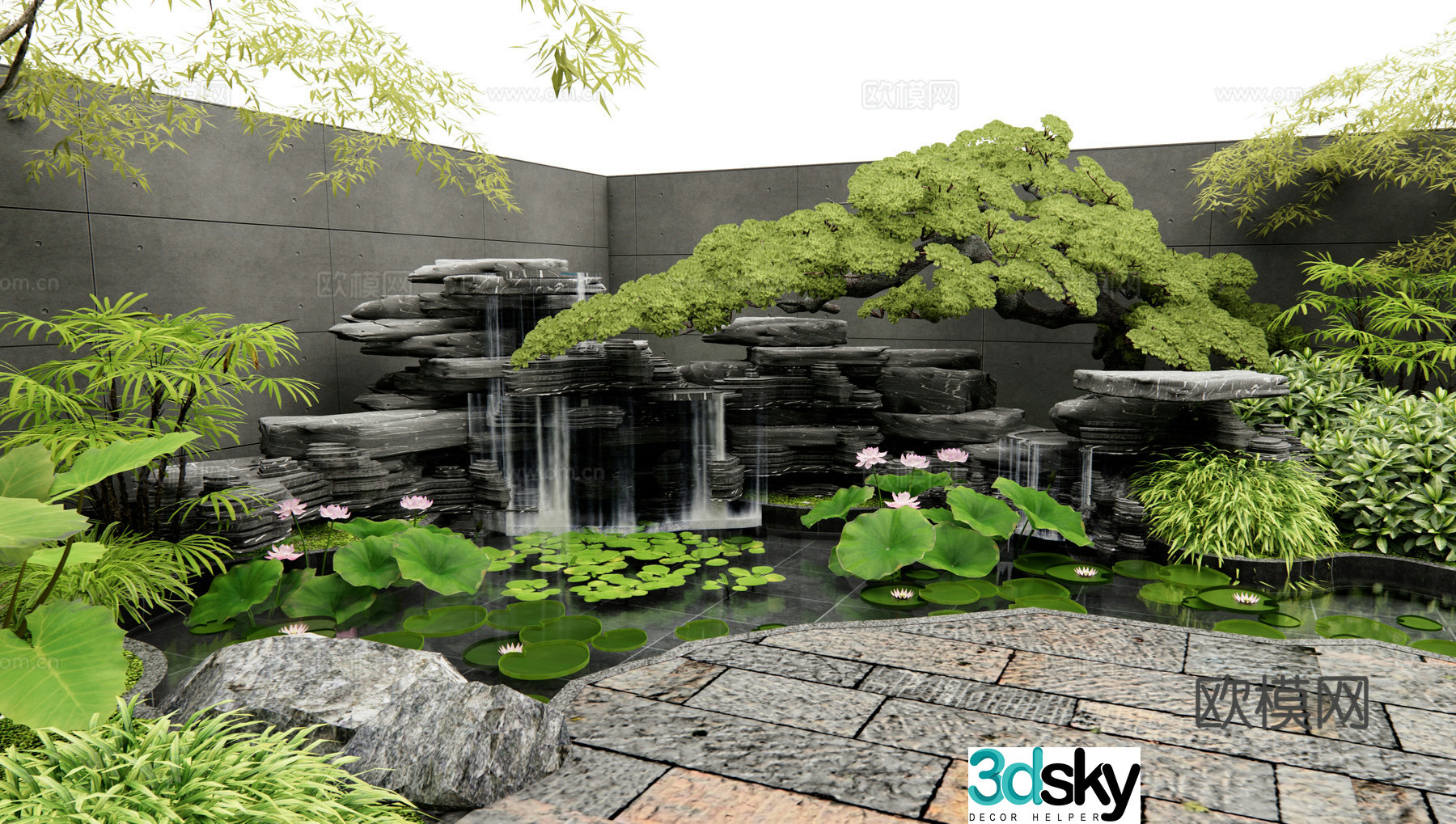 Chinese rockery waterscape rockery fish pond waterscape lotus old stone slab garden paving shrub 3d model