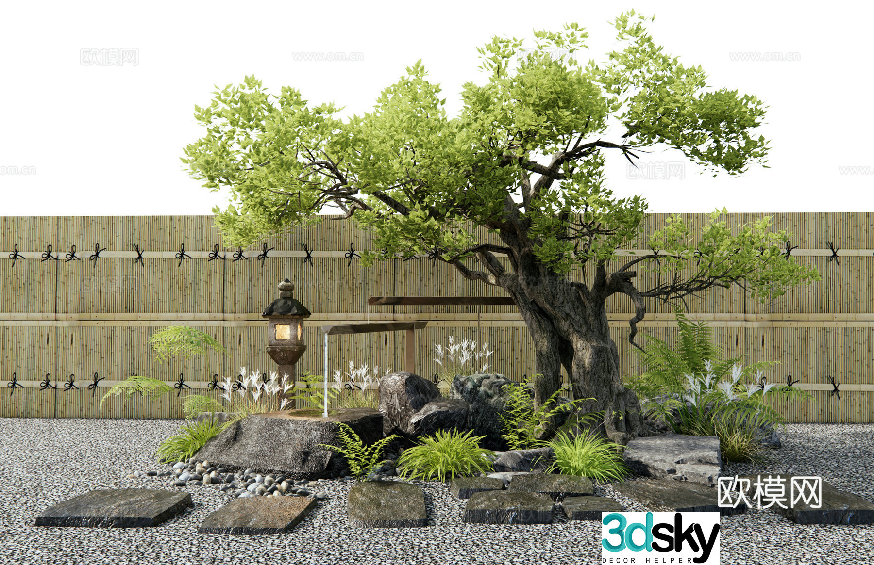 Japanese style courtyard sketch Landscape tree Waterscape Water bowl Stone mortar waterscape Landscape Stone 3D model