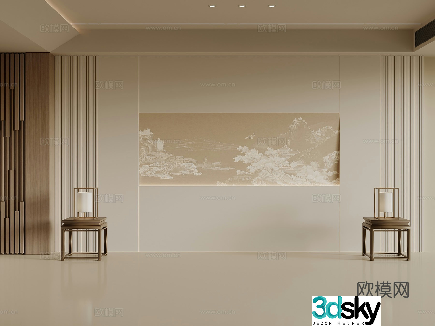 New Chinese sofa background wall wooden background wall 3d model