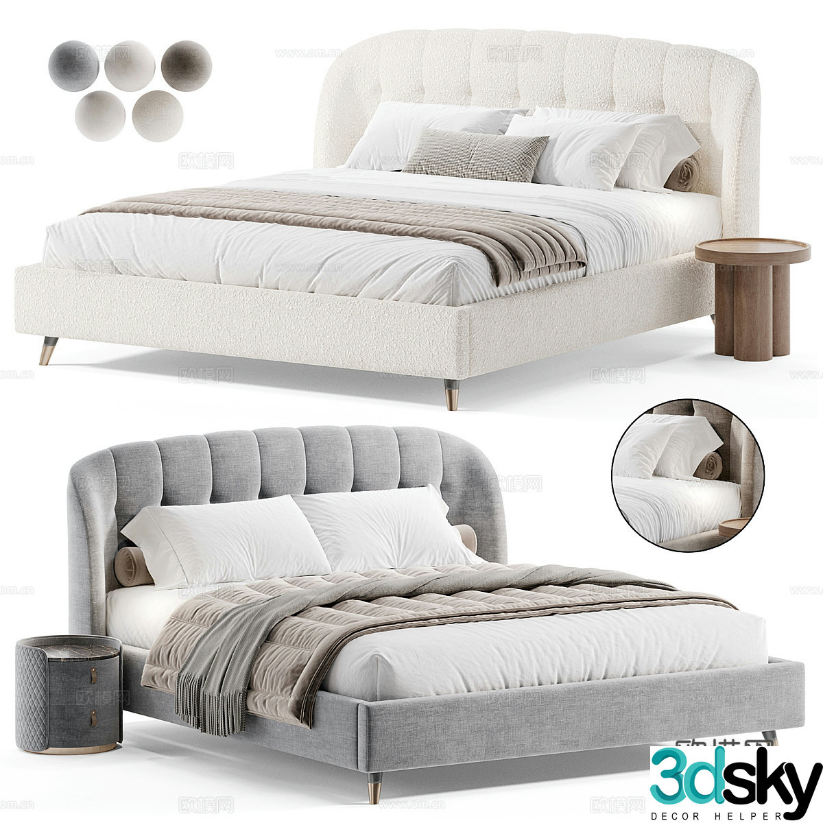 Modern cream style fabric double bed 3d model