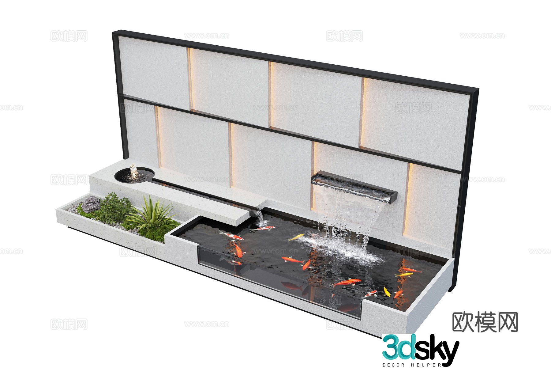 Modern courtyard waterscape waterscape wall stacked water landscape plants fish pond 3d model