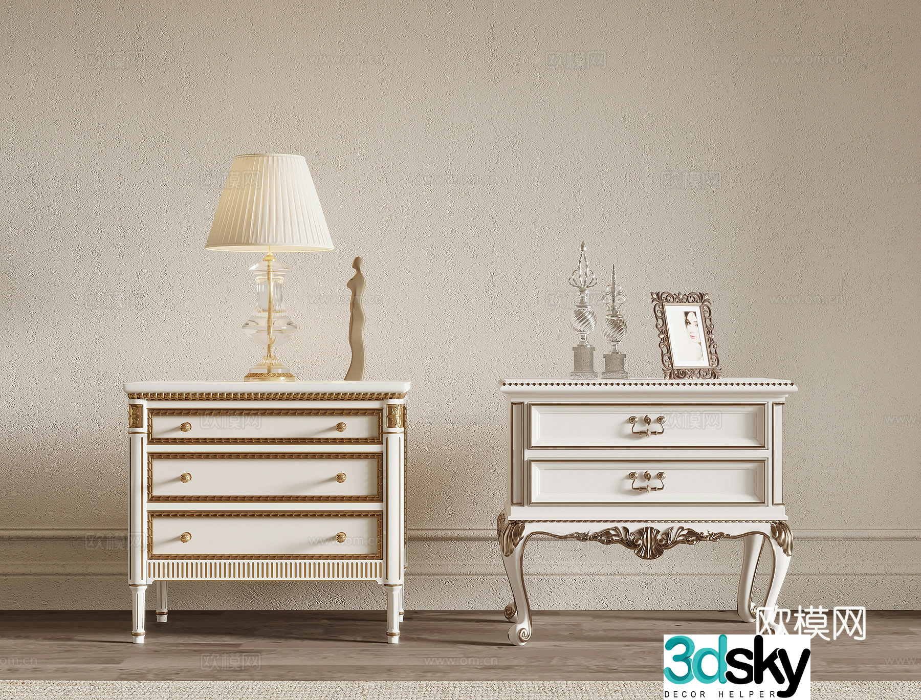Bedside table French bedside table lamp decoration 3d model