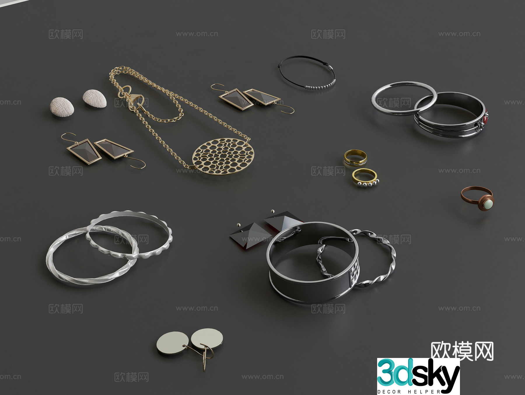 Jewelry Jewelry Earrings Earrings Ring Necklace 3D Model