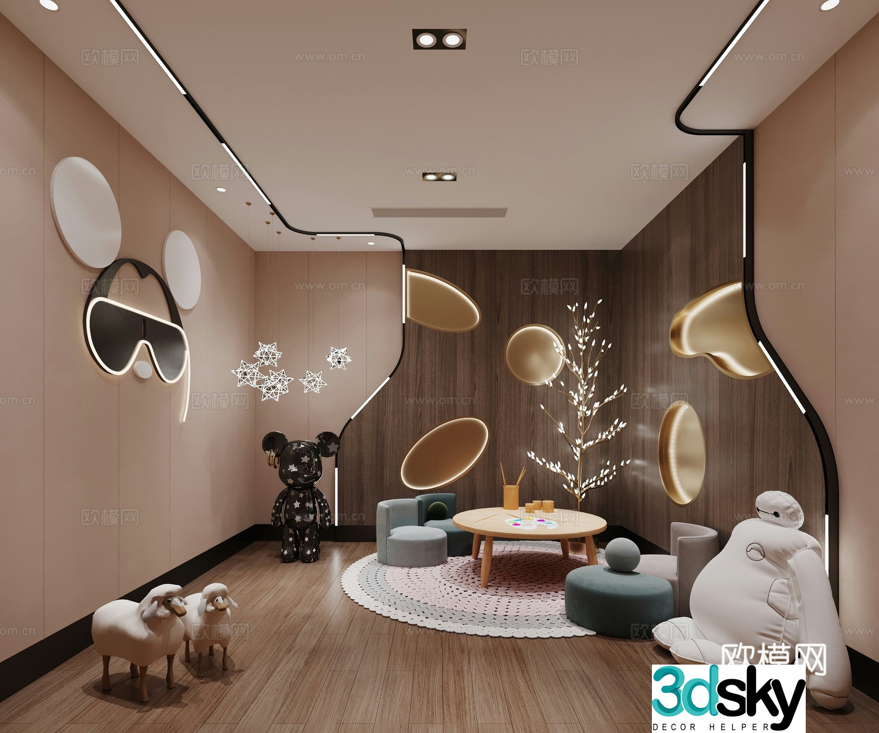 Modern children’s entertainment room sofa toy sheep wall decoration decorative tree chandelier 3d model