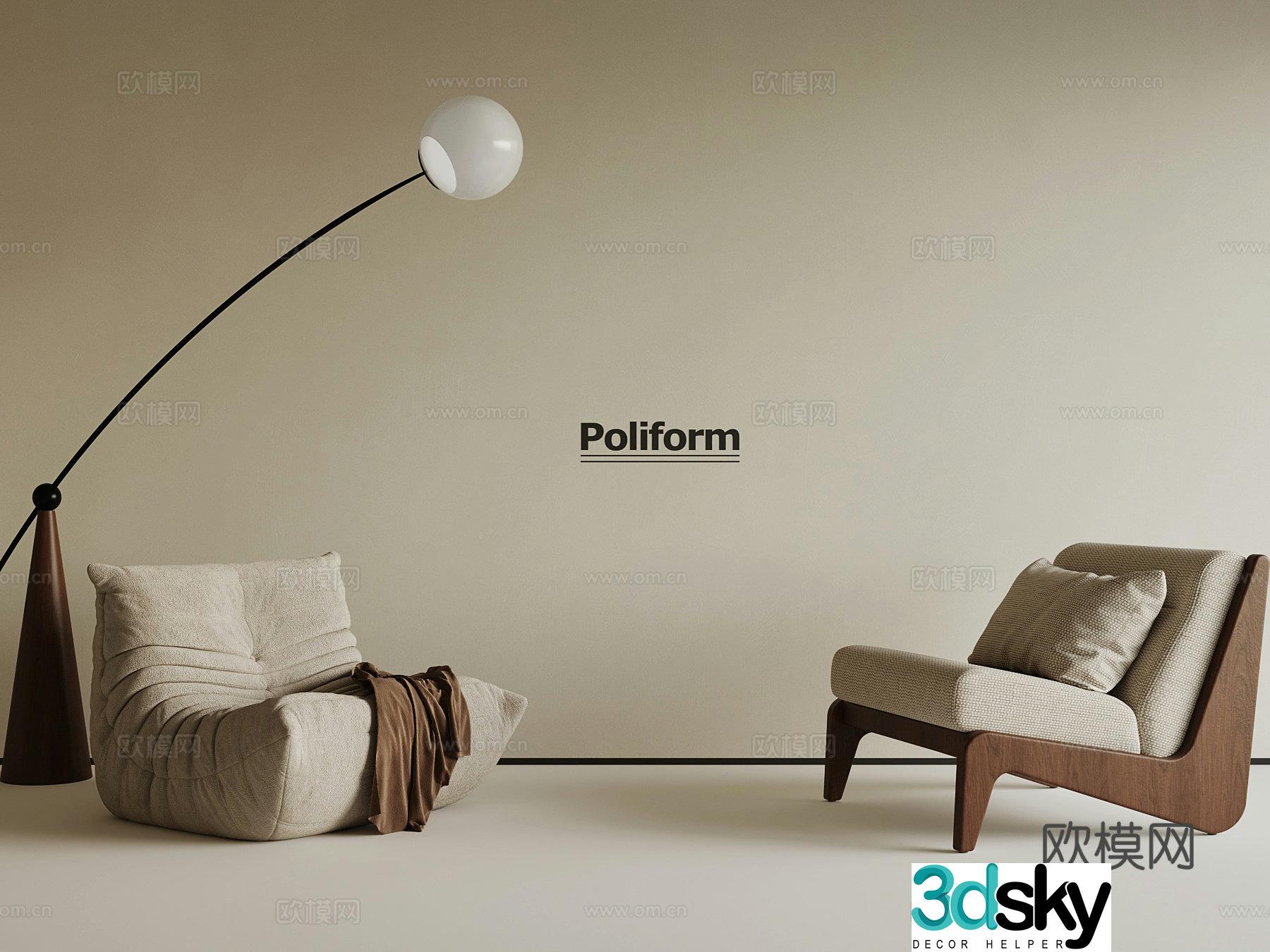 Medium style leisure chair floor lamp 3d model