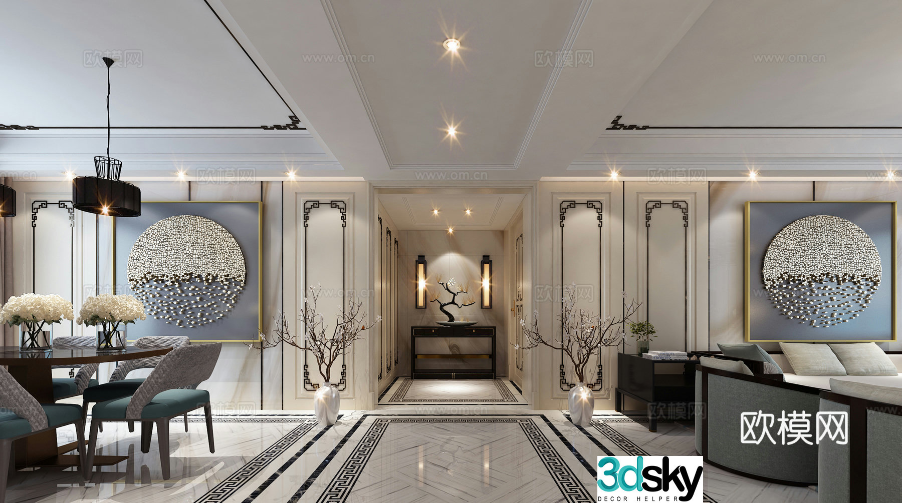 New Chinese style living room and dining room sofa coffee table chandelier dining table and chair 3D model