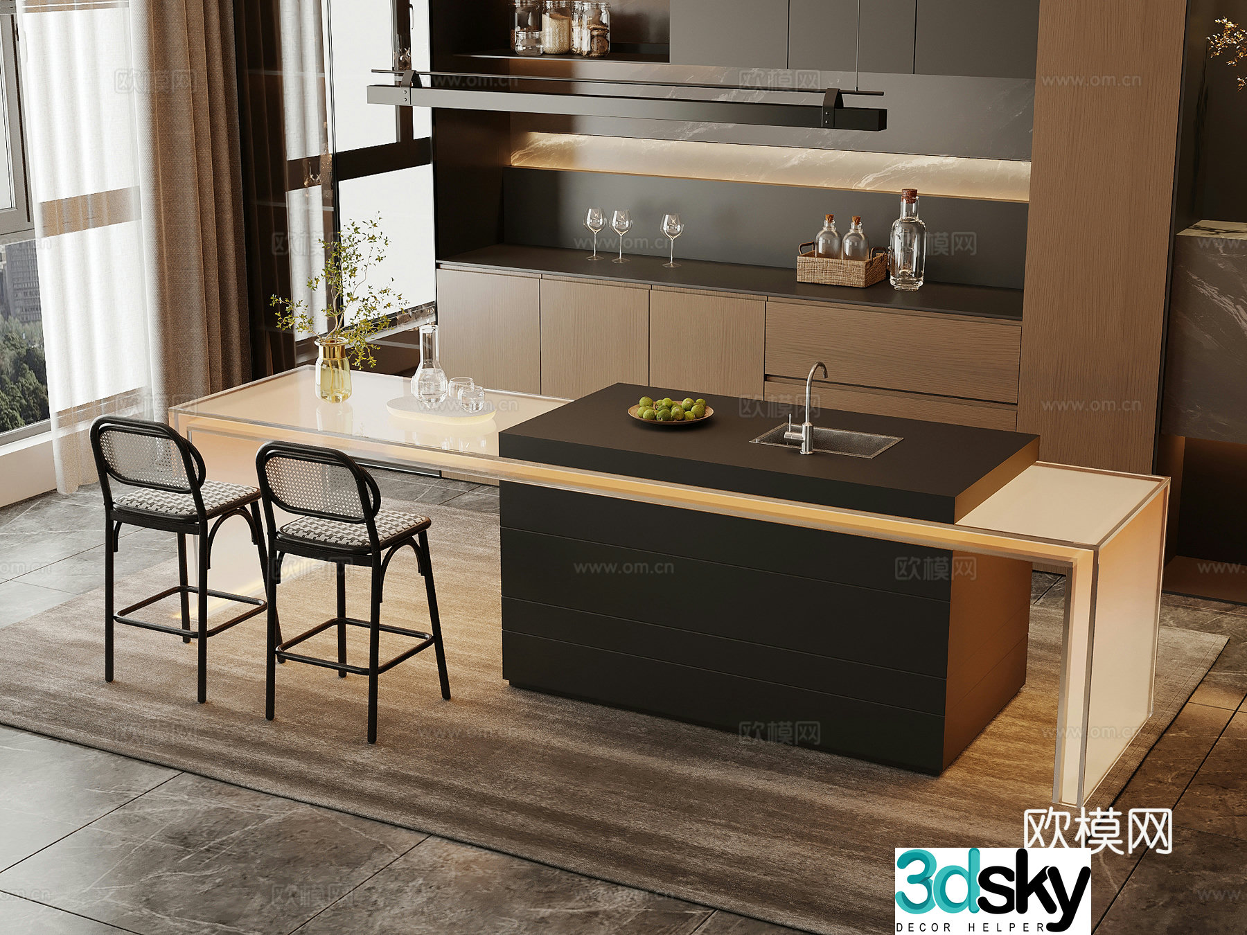 Modern Italian island counter bar dining table chair 3d model