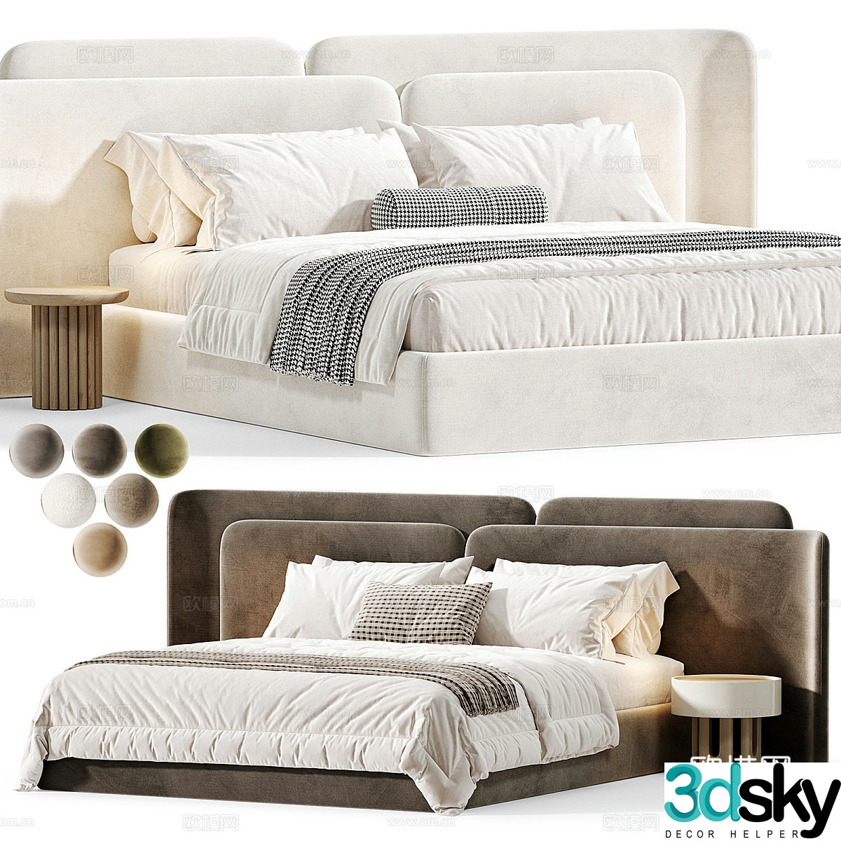 Modern cream style fabric double bed 3d model