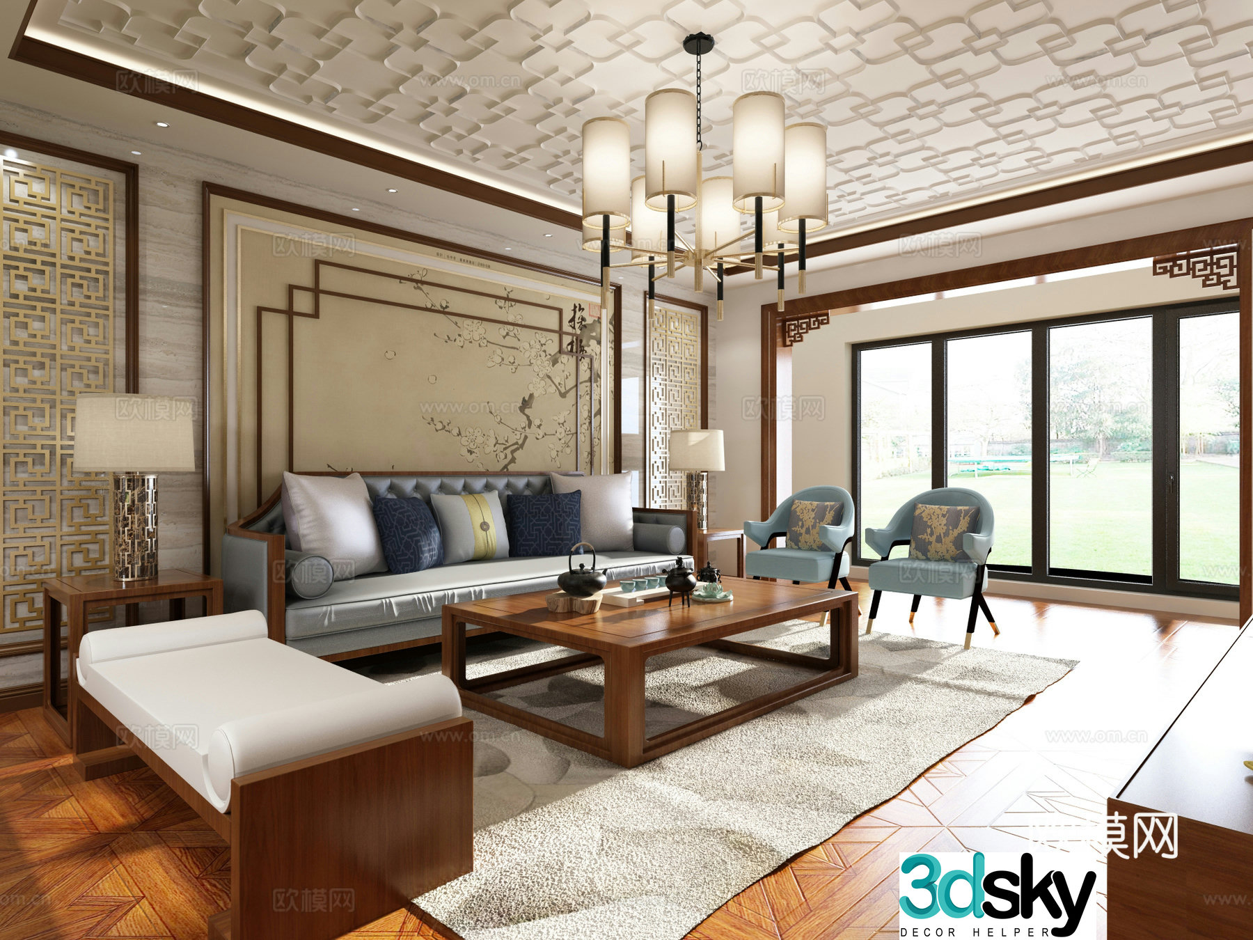 New Chinese style living and dining room chandelier sofa coffee table 3D model