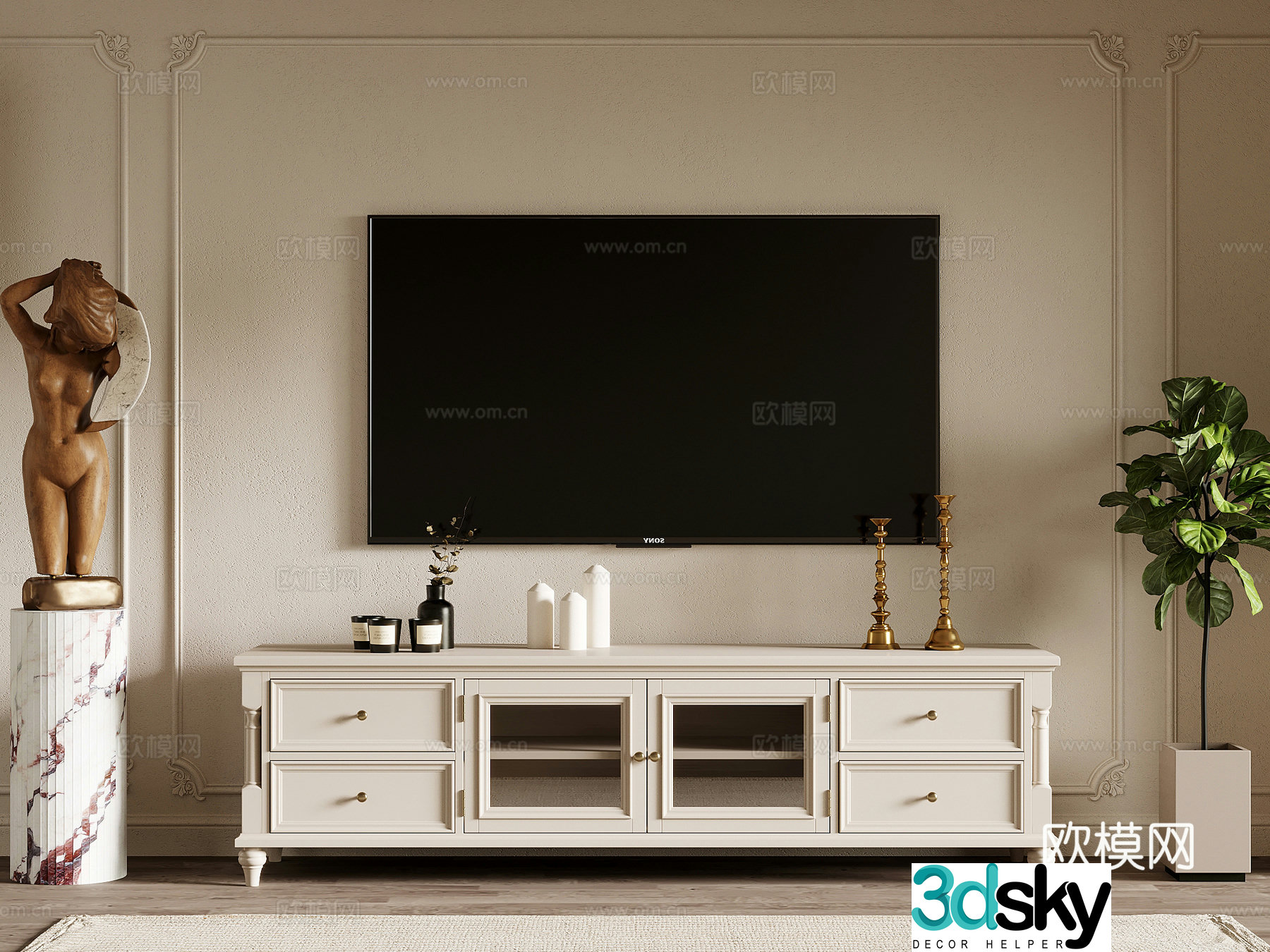 TV cabinet French TV cabinet Sculpture ornaments Green plant potted 3D model