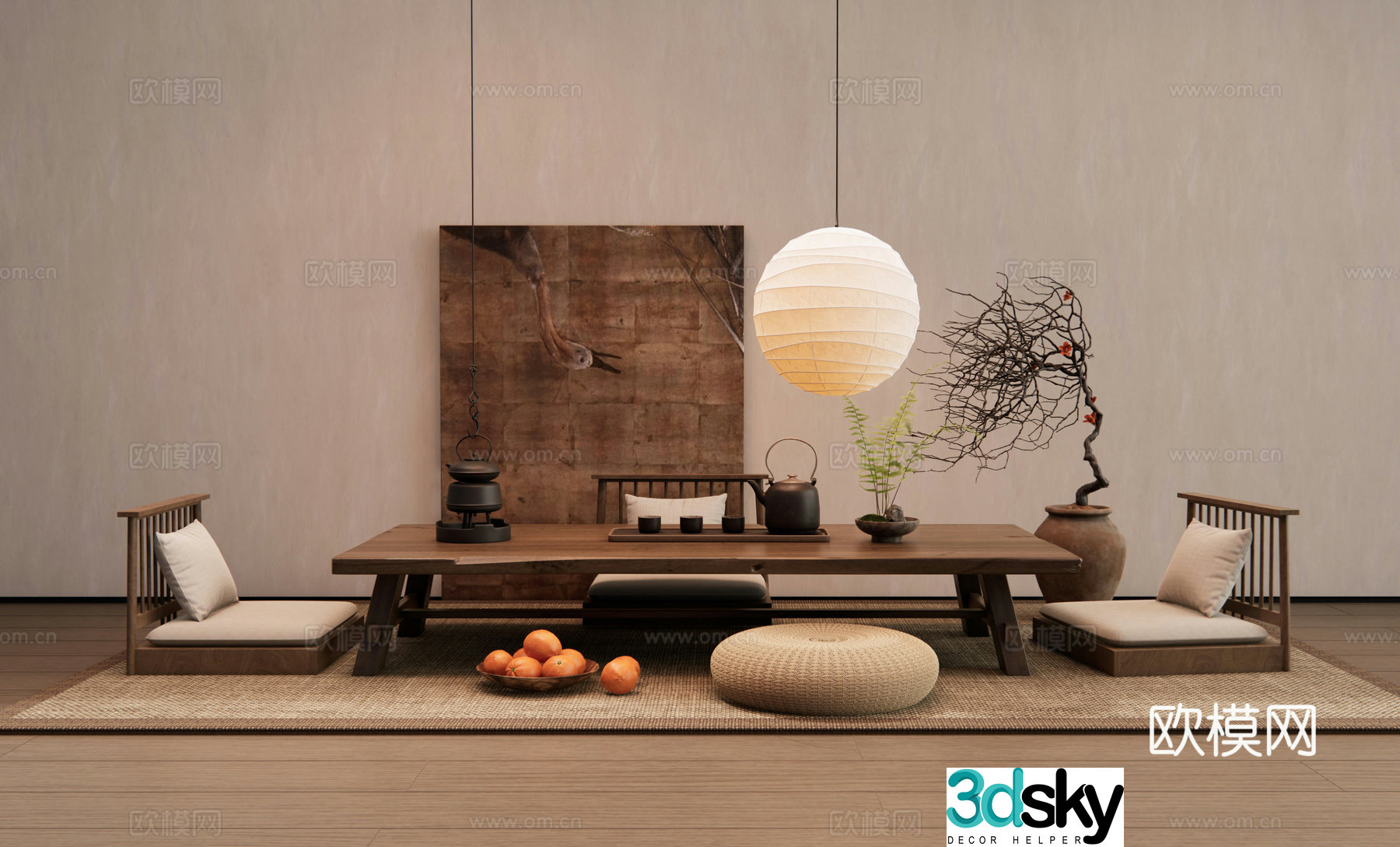 Wasabi tea table and chairs Tatami tea table and chairs Tea table and chandeliers dry branches and flower art hanging painting 3D model